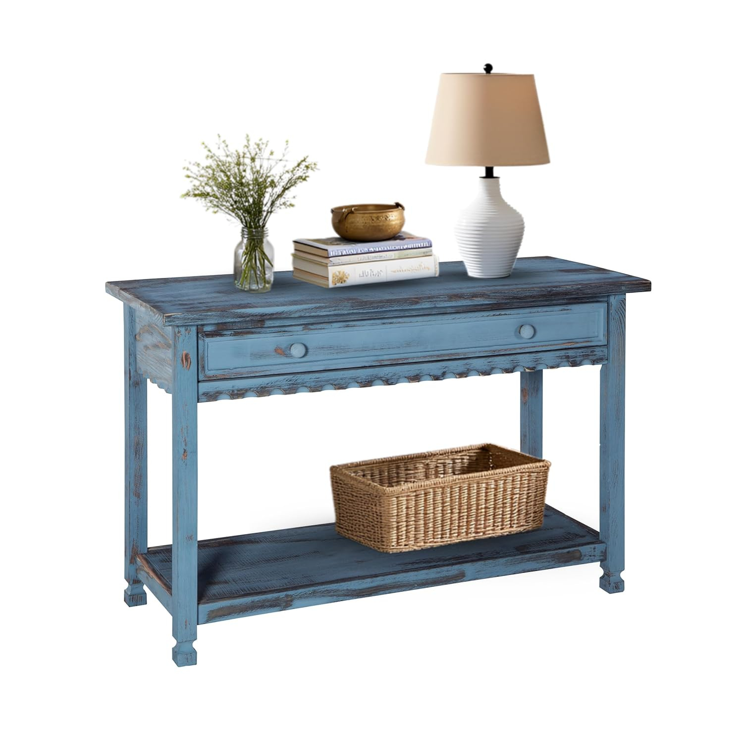 Alaterre Furniture Country Cottage Media/Console Table, Solid Pine Wood Perfect for Living Room, Entryway, Hallway, Blue Antique Finish