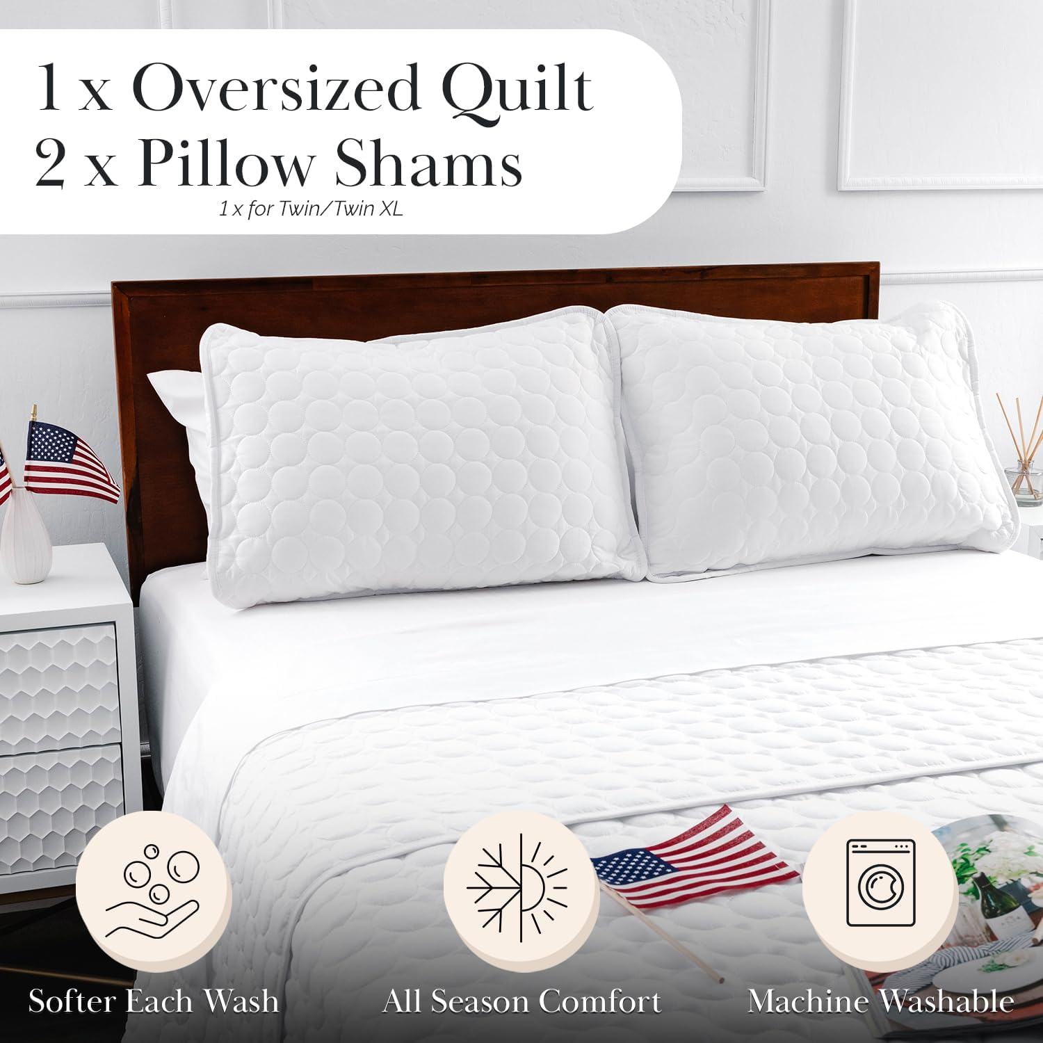Southshore Fine Living, Inc. White Quilts Queen Size Set, Lightweight Summer Bedspread with 2 Quilted Pillow Shams, Cozy, Soft Circle-Stitch Design, Queen Size/Full Size, White