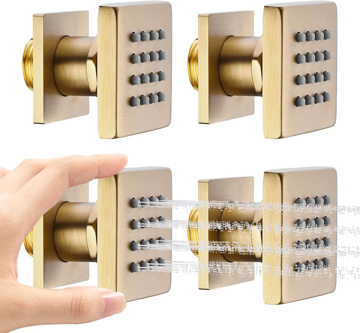Shower Body Spray Jets with On Off 4PCS Square Shower Body Jet Brass Head Spray Spa Massage Body Shower Side Wall Spray Jets-Flow Cotrol (Brushed Gold)