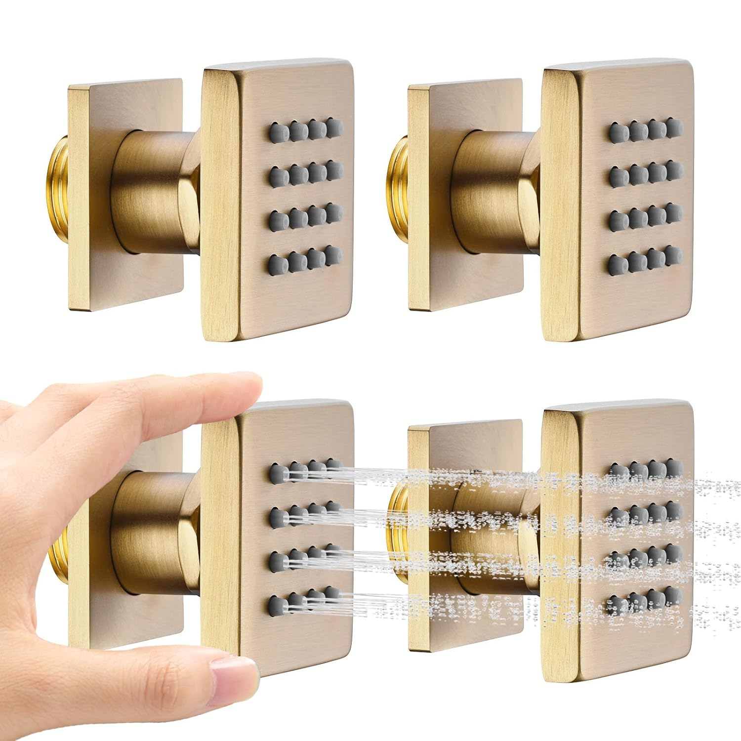 Shower Body Spray Jets with On Off 4PCS Square Shower Body Jet Brass Head Spray Spa Massage Body Shower Side Wall Spray Jets-Flow Cotrol (Brushed Gold)