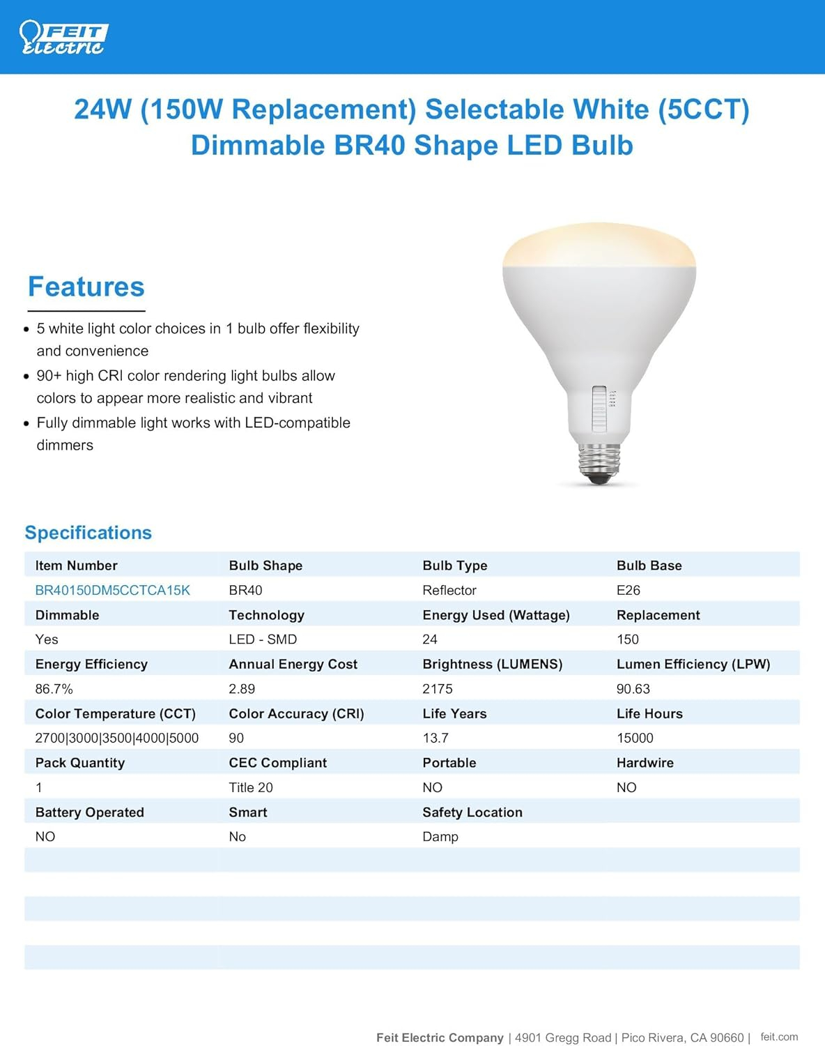 Adjustable White LED Flood Light Bulb with Dimmer Switch