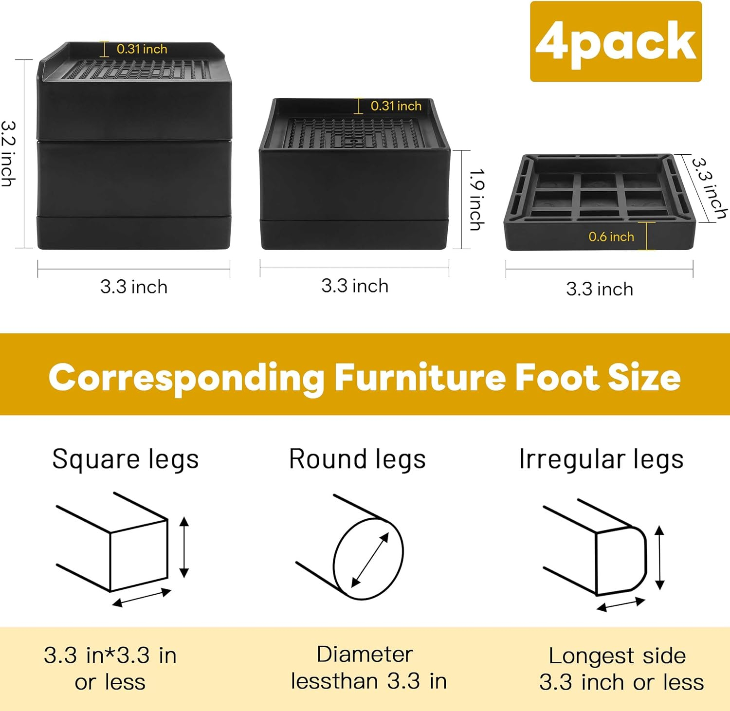 BTSD-home Bed Risers Heavy Duty Adjustable Furniture Risers Elevation in Heights 1 or 3 Inch Bed Frame Lifts Risers for Dorm Beds, Sofas 4 Pack Black Square
