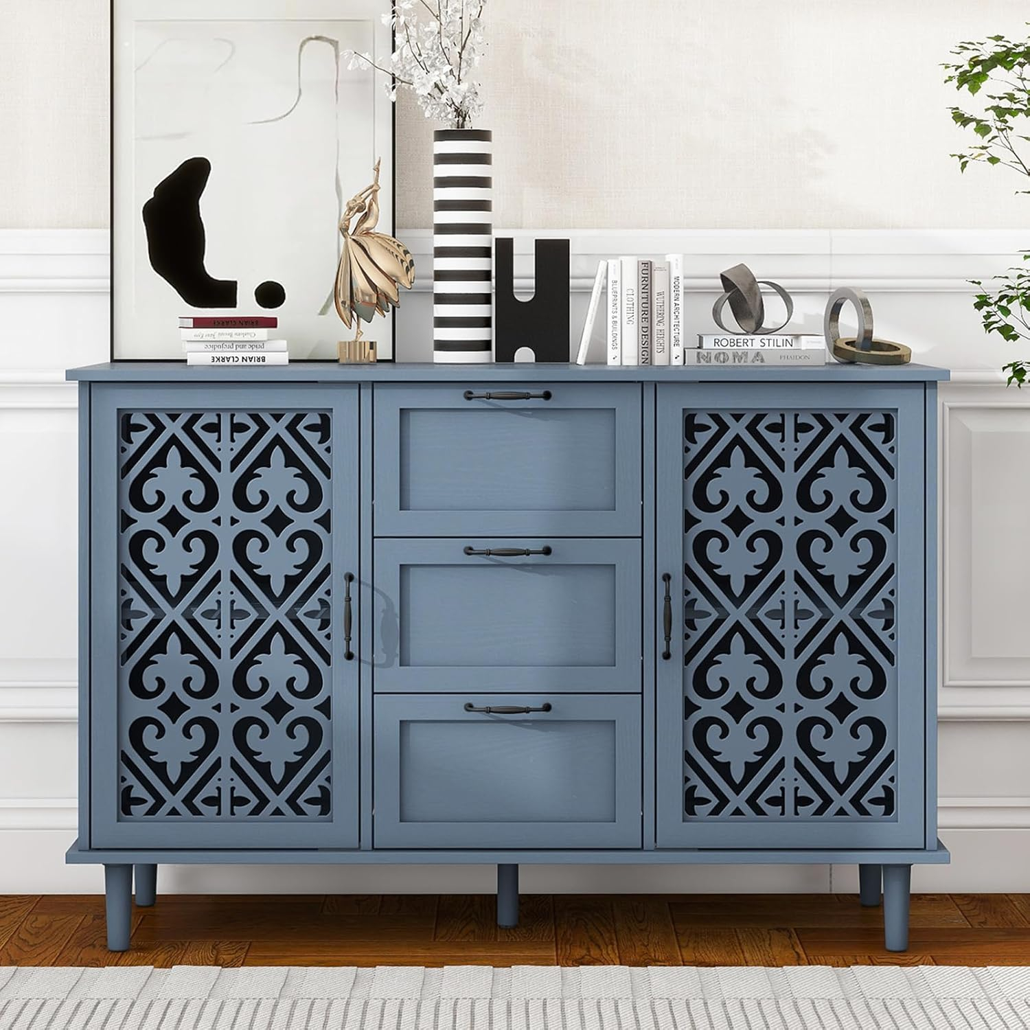 Sideboard Buffet Cabinet with Storage - American Furniture Cabinet, Accent Storage Console Table with Carved Pattern, Farmhouse Wood Credenza for Study Room, Entryway, Dining Room, Kitchen