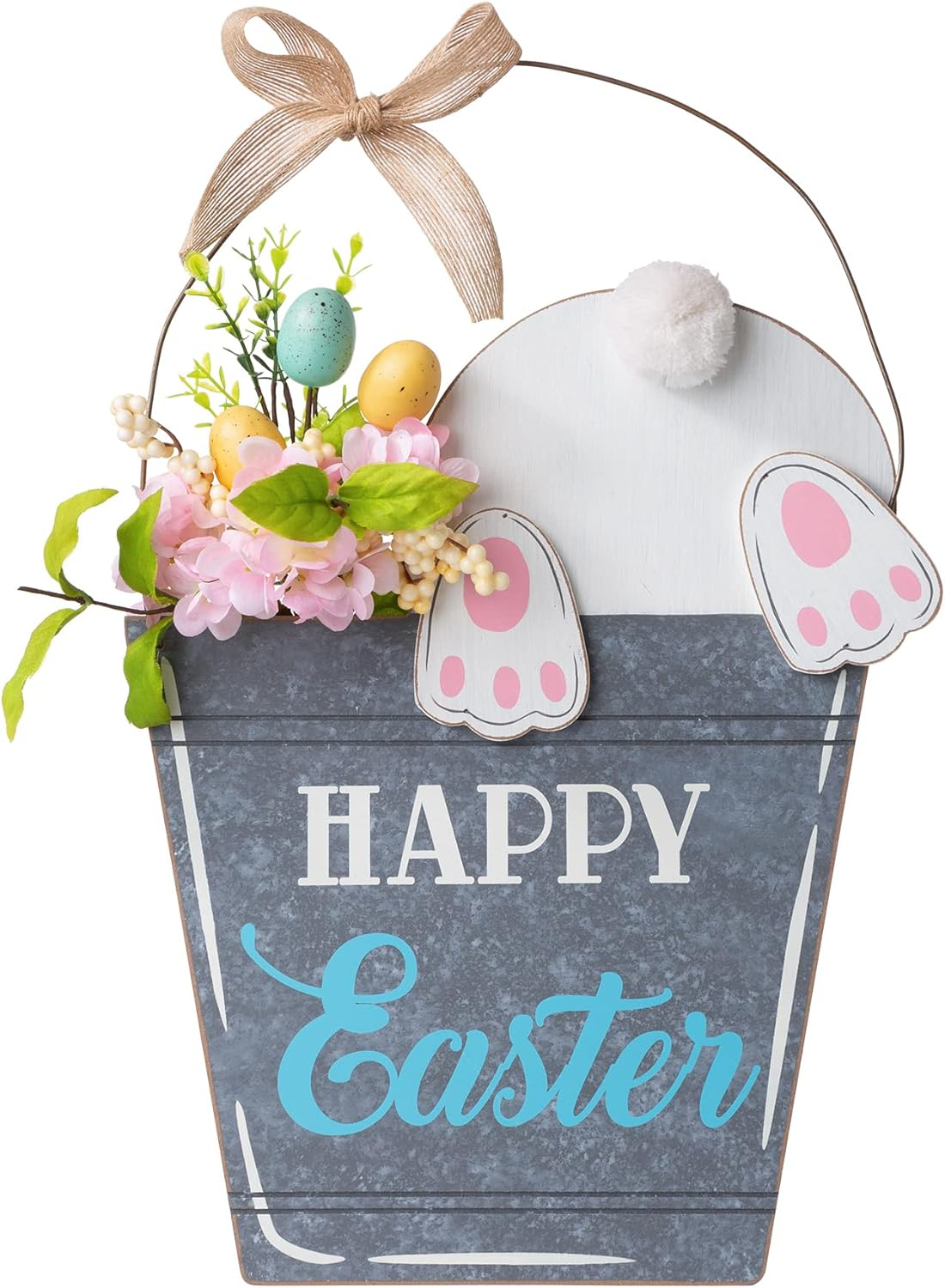 Glitzhome 18 Inch Wooden Easter Bunny Hanging Decoration,"Happy Easter" Rabbit Welcome Sign wood Bunny Eggs Easter Decorations for Door Home Garden Spring Party