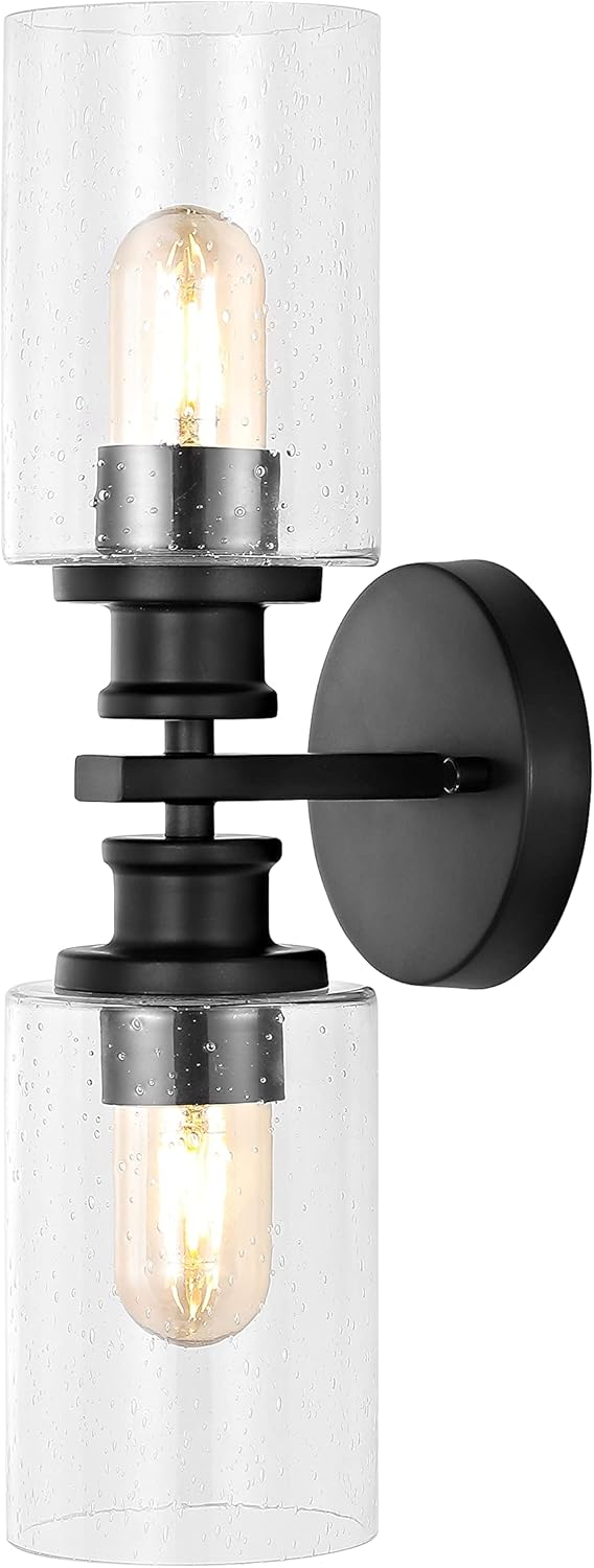 JONATHAN Y Jules Edison 16.5" Cylinder 2-Light Iron/Seeded Glass Farmhouse Contemporary LED Wall Sconce, Black