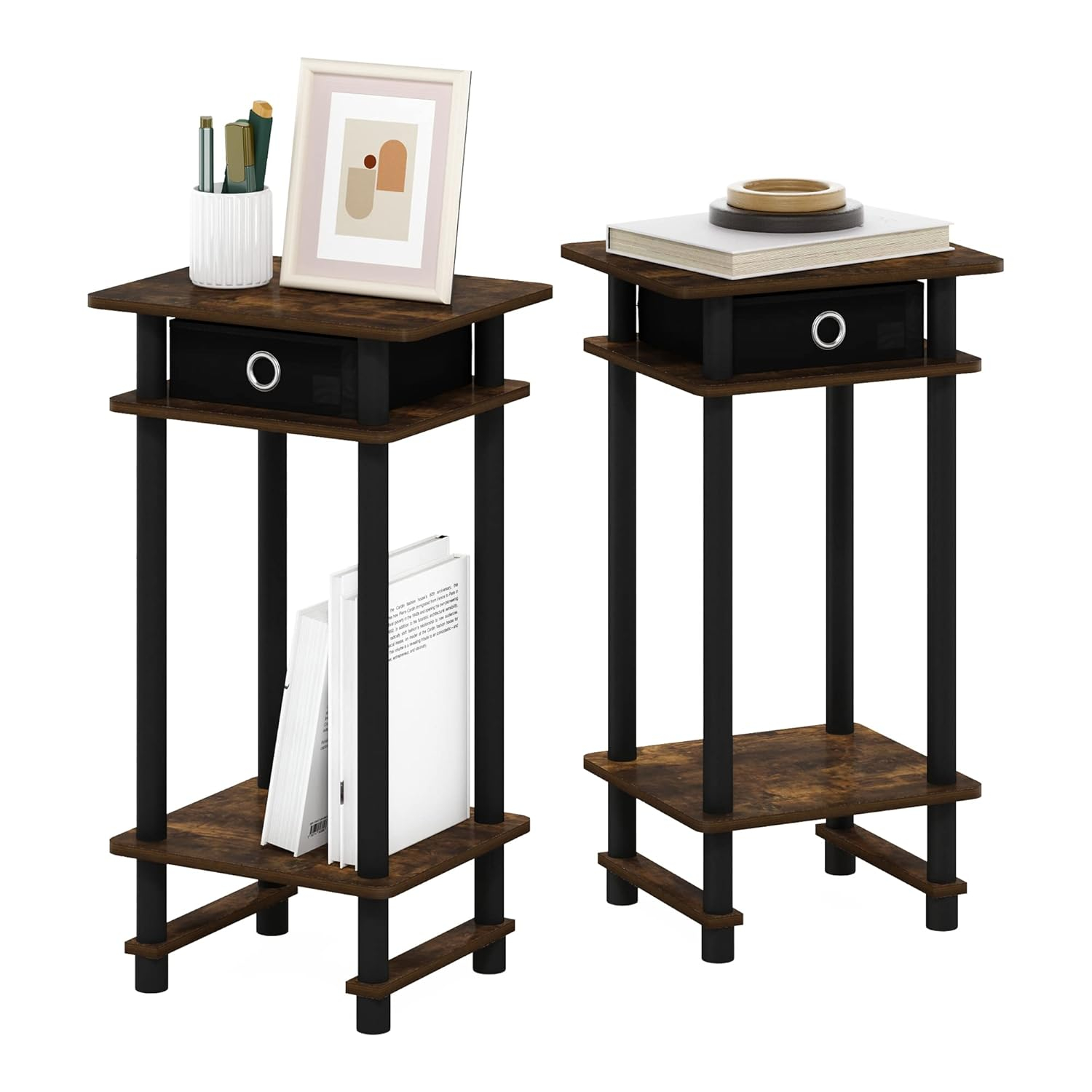 Furinno 2-17017 Turn-N-Tube Tall End Table with Bin, Amber Pine/Black/Black, Set of 2