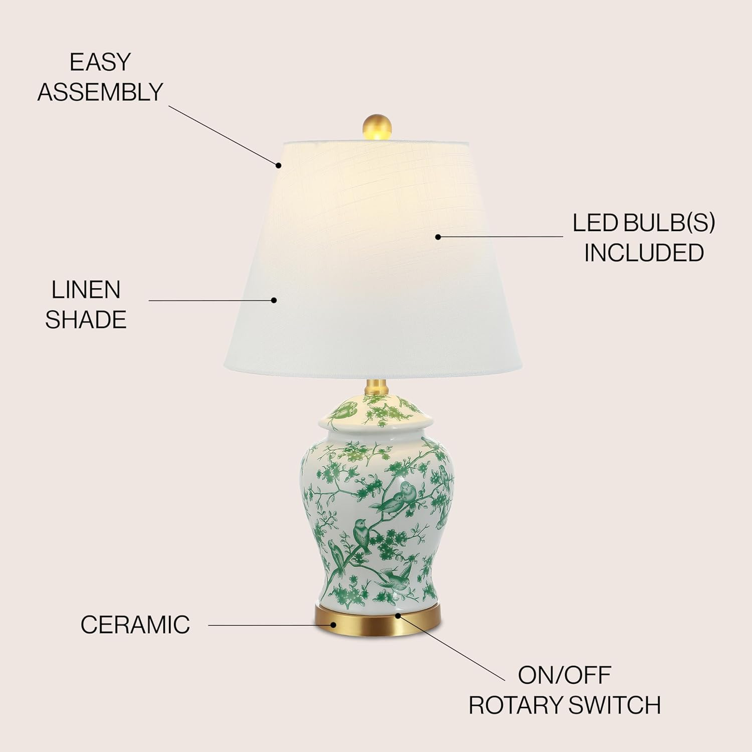 Penelope 22 in. Green/White Chinoiserie Classic LED Table Lamp