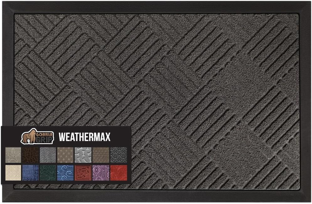 GORILLA GRIP 100% Waterproof All-Season WeatherMax Doormat, 23x35, Durable Natural Rubber, Stain and Fade Resistant, Low Profile, Indoor Outdoor Door Mats, Easy Clean Patio Entrance Mat, Gray Diamond