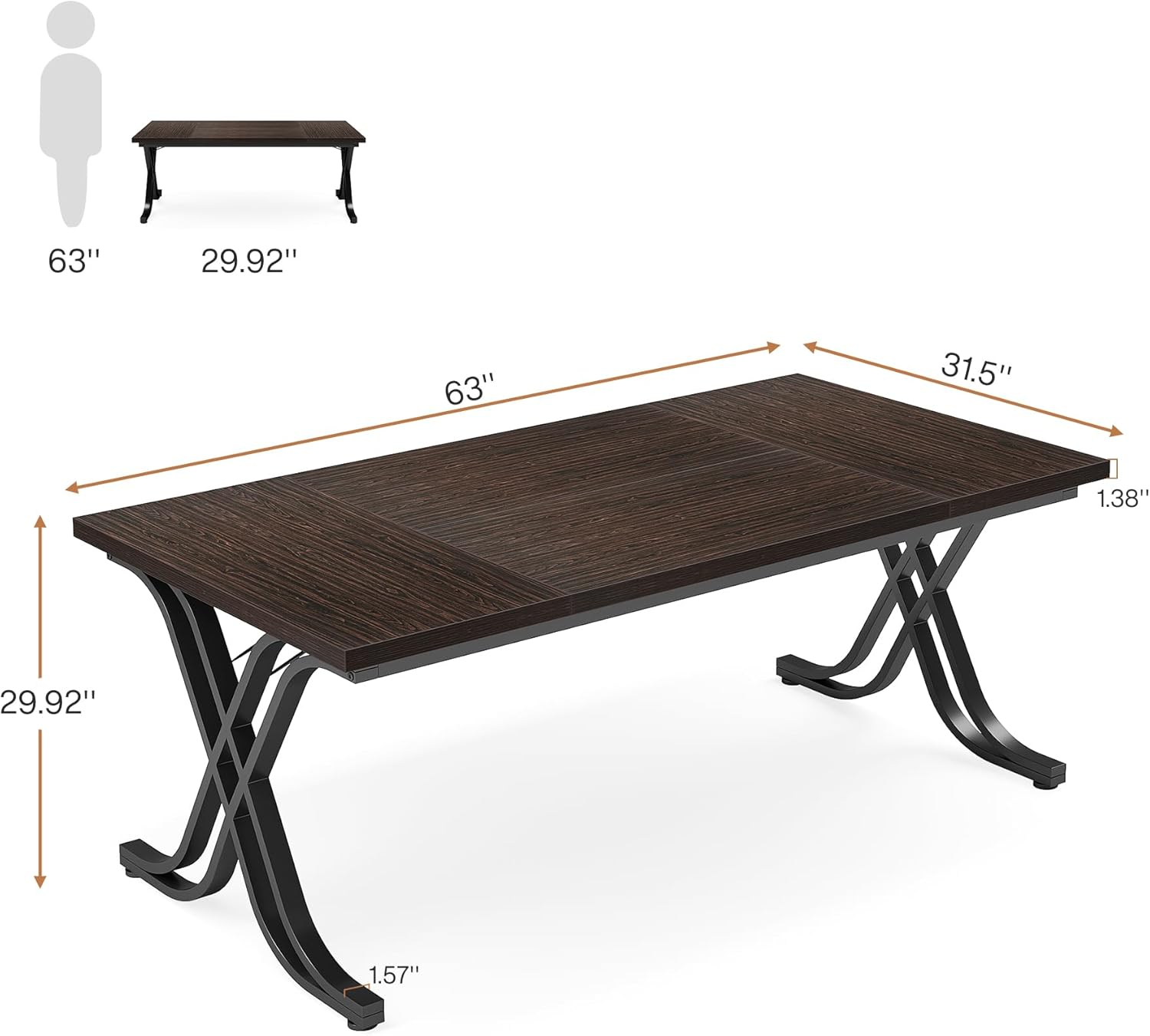 Tribesigns 63 Inch Executive Desk, Large Office Computer Desk with Thick Wooden Tabletop and Metal Frame, Modern Simple Workstation Writing Table Study Desk for Home Office, Walnut Brown