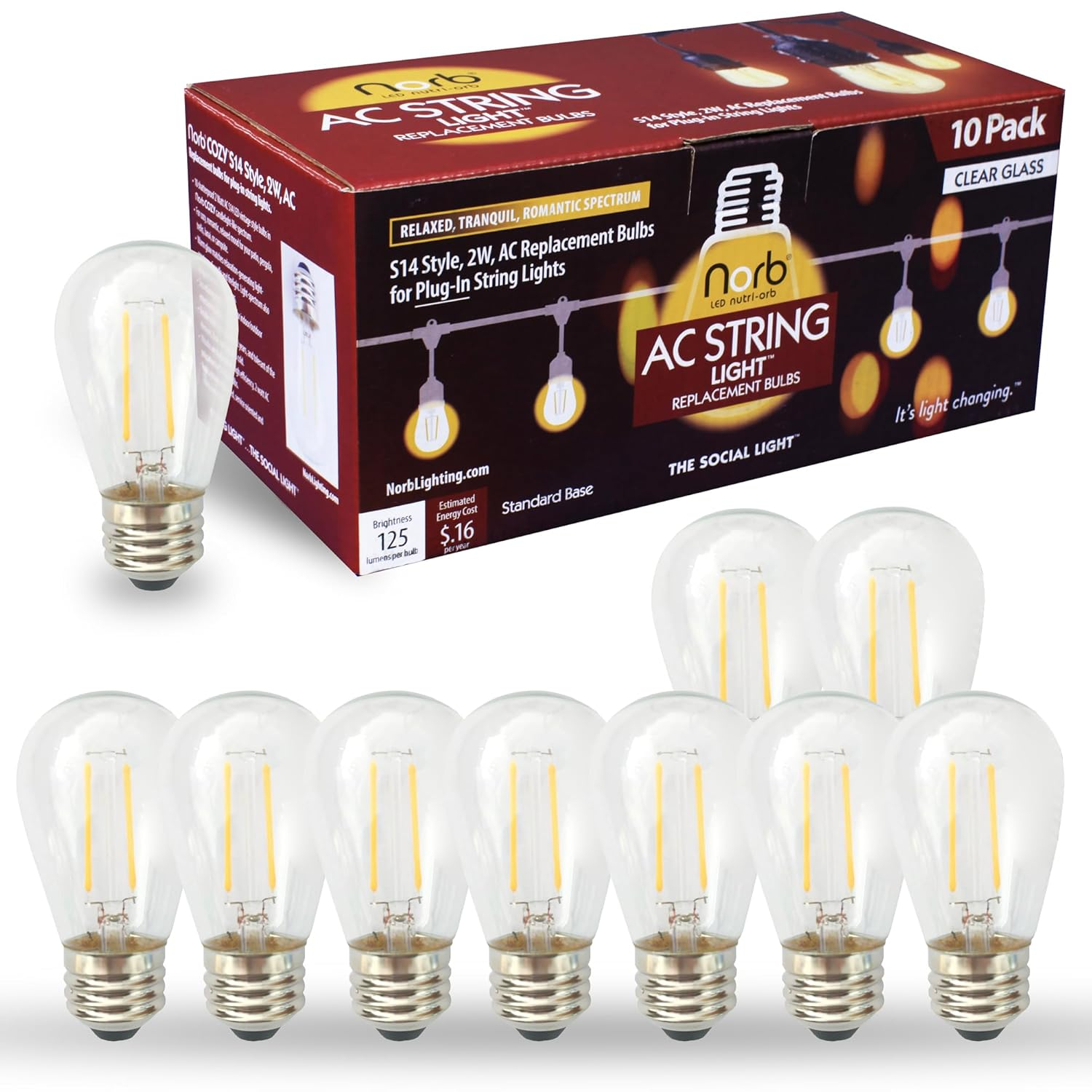 NorbSTRING 2W AC LED Replacement Bulbs for Plug-in String Lights - Warm Candlelight Glow, E26 Standard Base, Shatterproof, Energy-Efficient – Outdoor Weatherproof S14 Bulbs (10-Pack)