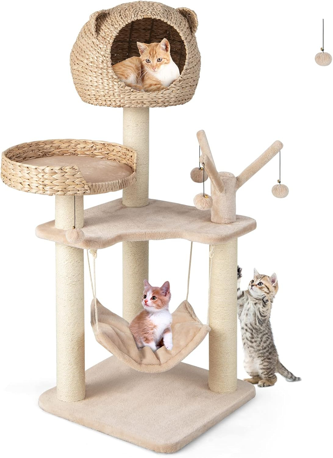 Giantex Wooden Cat Tree, 48 inches Cat Tower with Cattail Condo, Cat Bed, Hammock, Rotatable Jingling Balls, Natural Sisal Scratching Posts, Removable Cushion, Multi-Level Kitten Activity Center