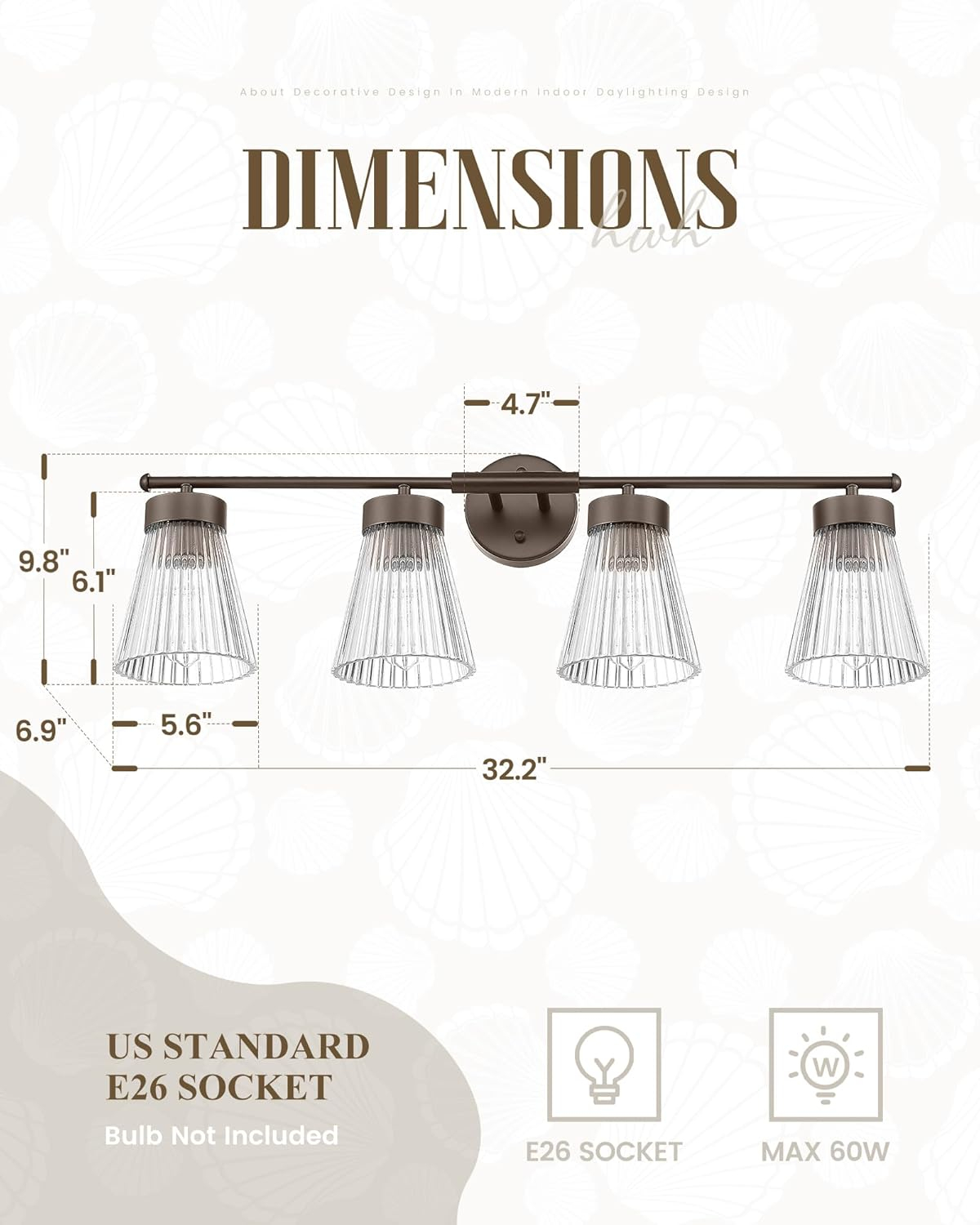 4-Light Bathroom Vanity Light, HWH Oil-Rubbed Bronze Bathroom Light Fixtures Farmhouse Vanity Lamp Over Mirror with Clear Striped Glass Shade, 5HZG97B-4W ORB