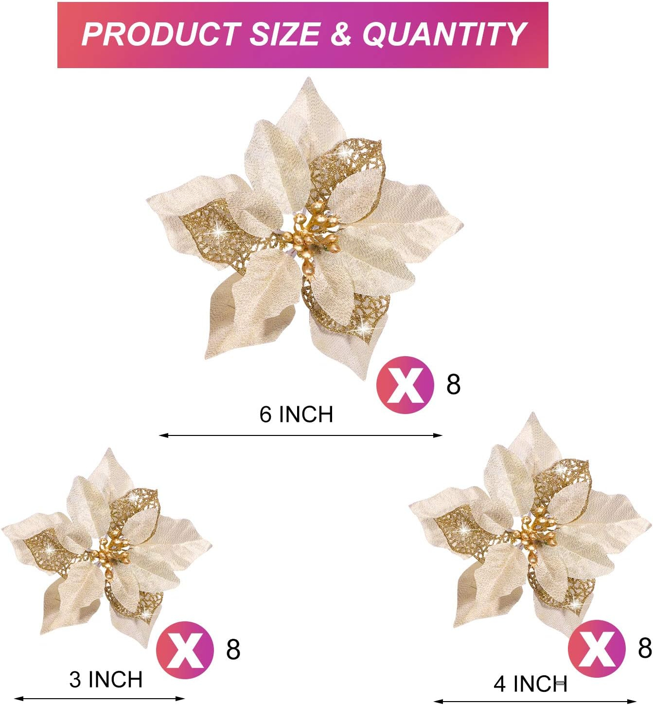 Boao 24 Pieces Christmas Artificial Glitter Poinsettia Flowers Xmas Flowers Wedding Christmas Tree New Year Ornaments(Gold)