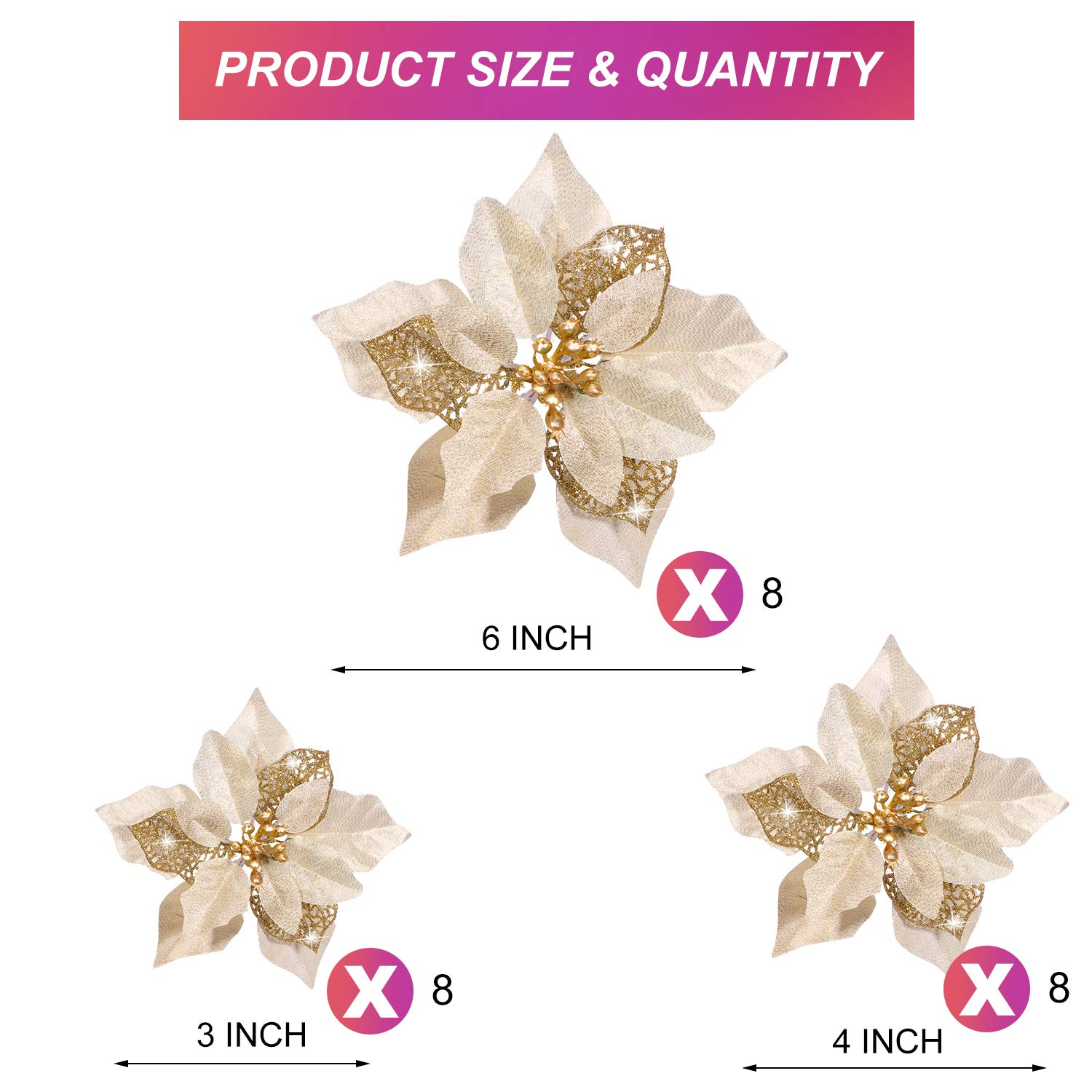 Boao 24 Pieces Christmas Artificial Glitter Poinsettia Flowers Xmas Flowers Wedding Christmas Tree New Year Ornaments(Gold)
