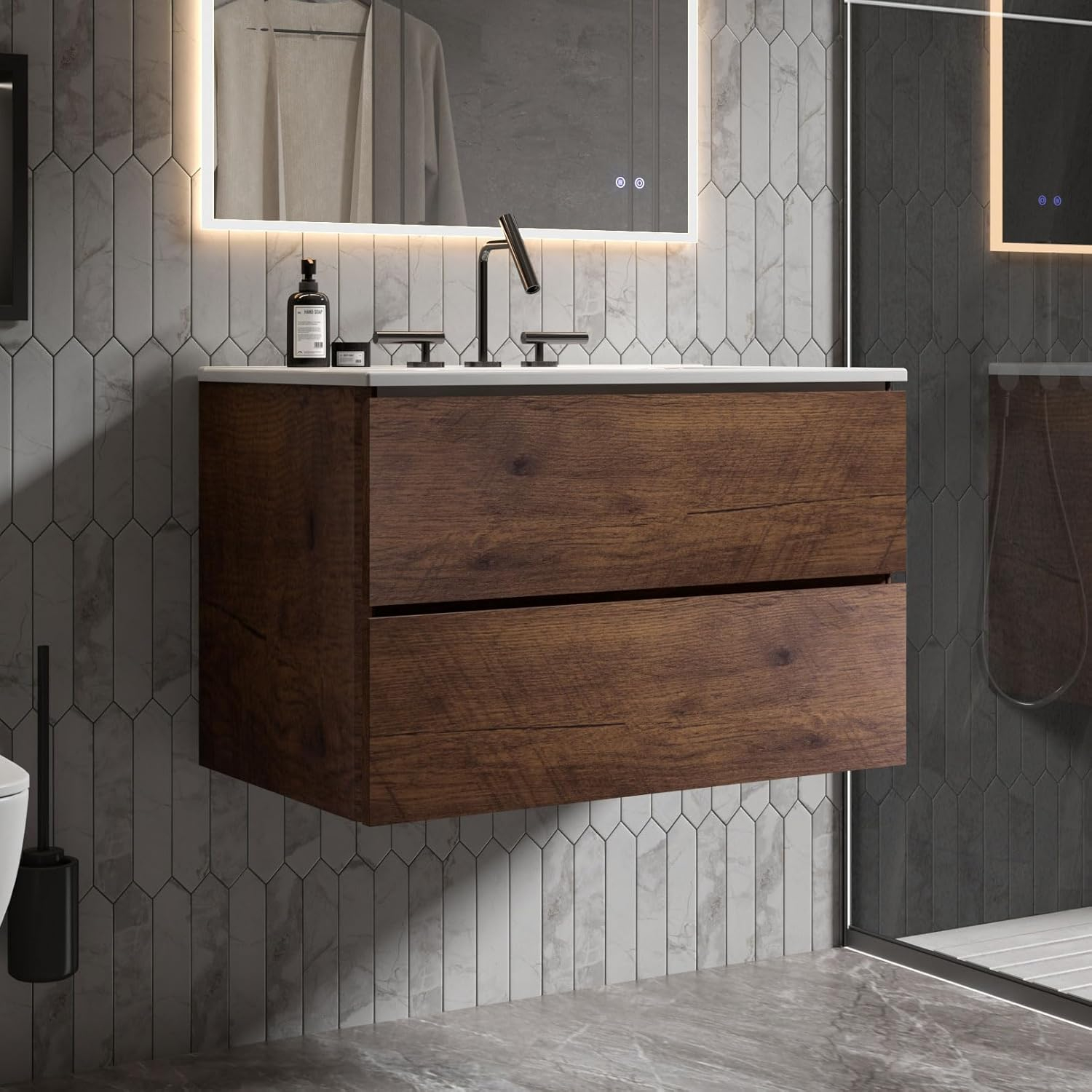 CITTANEO 24" Floating Modern Bathroom Vanity with 3-Hole Ceramic Sink in Walnut