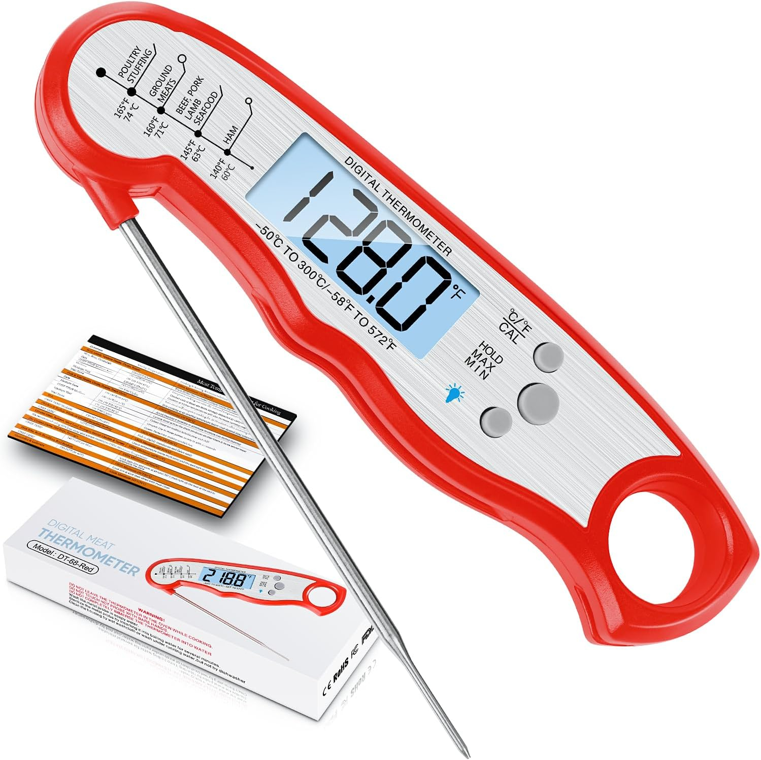 Digital Meat Thermometer, Waterproof Instant Read Food Thermometer for Cooking and Grilling, Kitchen Gadgets, Accessories with Backlight & Calibration for Candy, BBQ Grill, Liquids, Beef, Turkey…