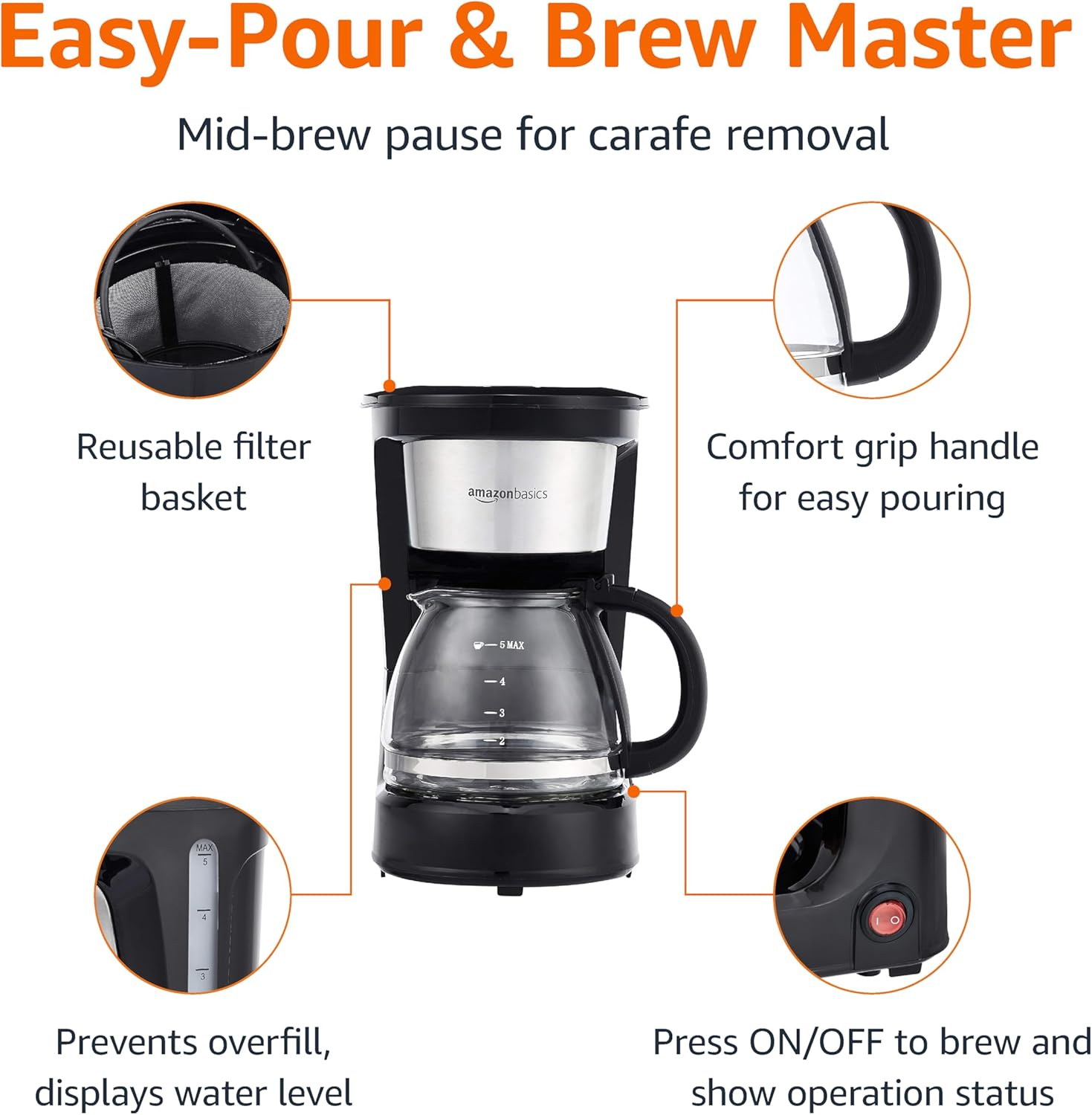 Coffee Makers, 5-Cup Coffee Machines with Reusable Filter, Coffee Pots, Black & Stainless Steel