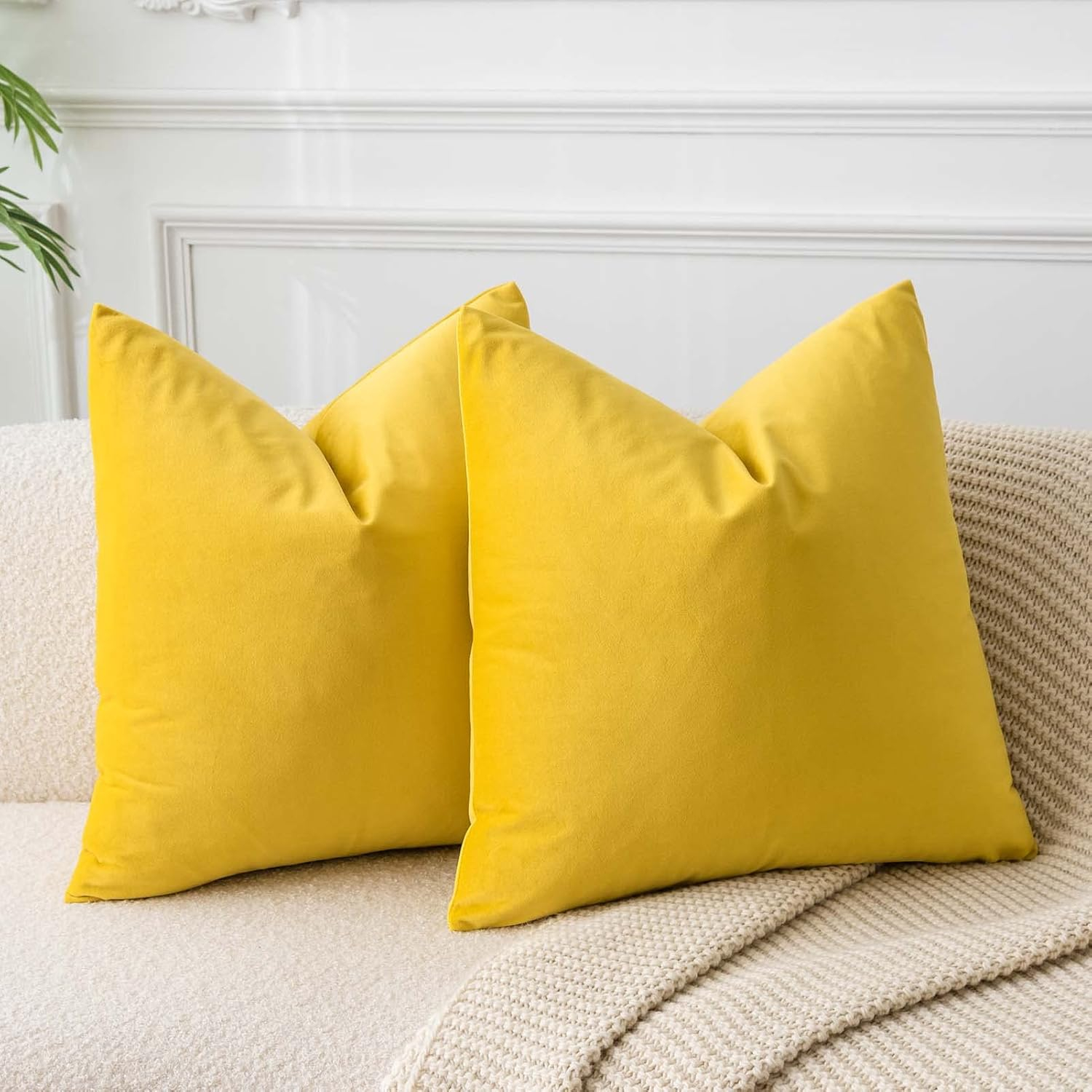 Deconovo Pack of 2 Velvet Pillow Covers Decorative Square Pillowcase Soft Solid Cushion Case for Home Decor Girl's Bedroom, Lemon Yellow, 26 x 26 inch