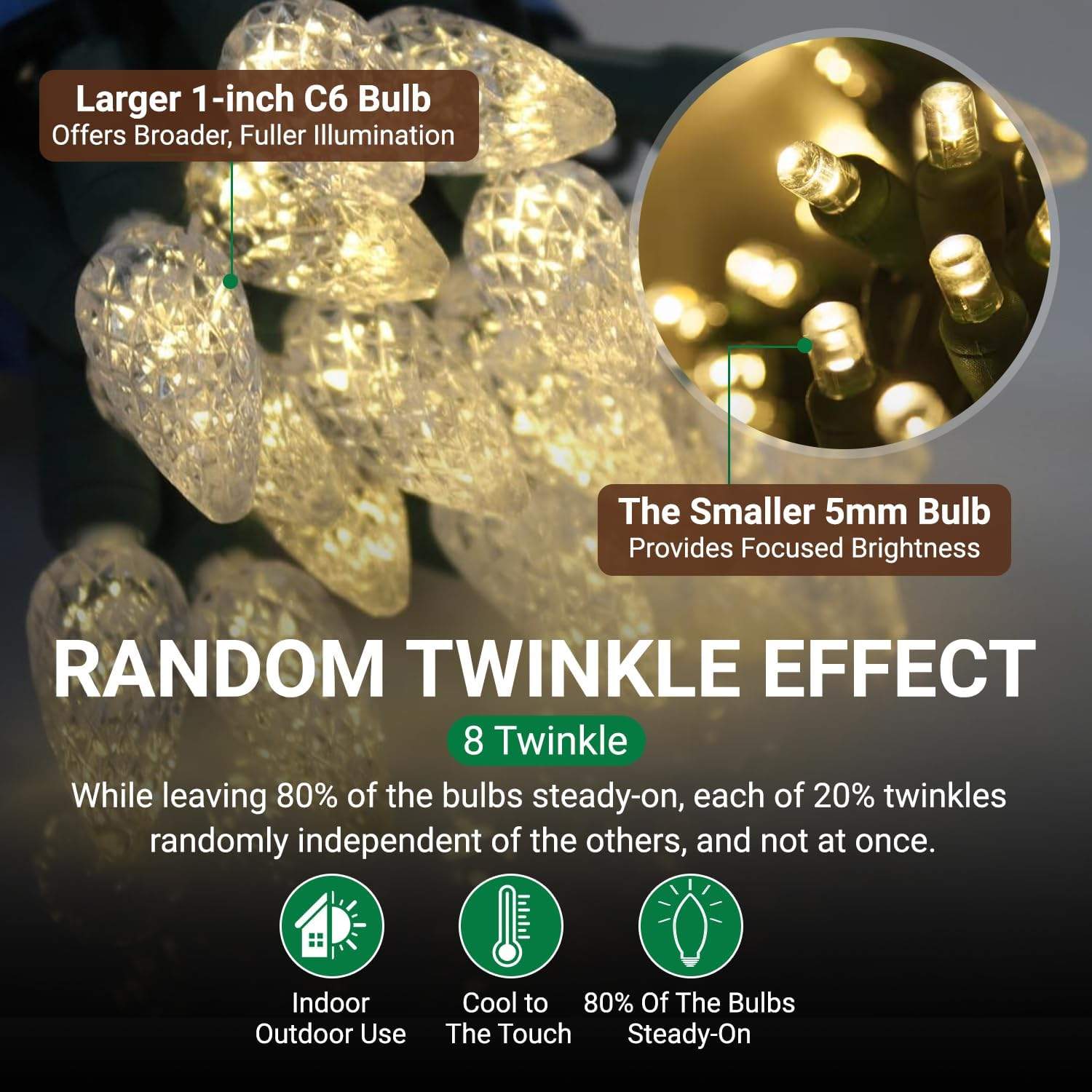 Christmas LED Duet C6/5mm Twinkle Lights  Champagne LED Bulbs - 8 of 50 Lights Twinkle - Professional Grade Indoor Outdoor  24.5 Feet Light String, Christmas Tree Sparkling Twinkling Holiday Decor