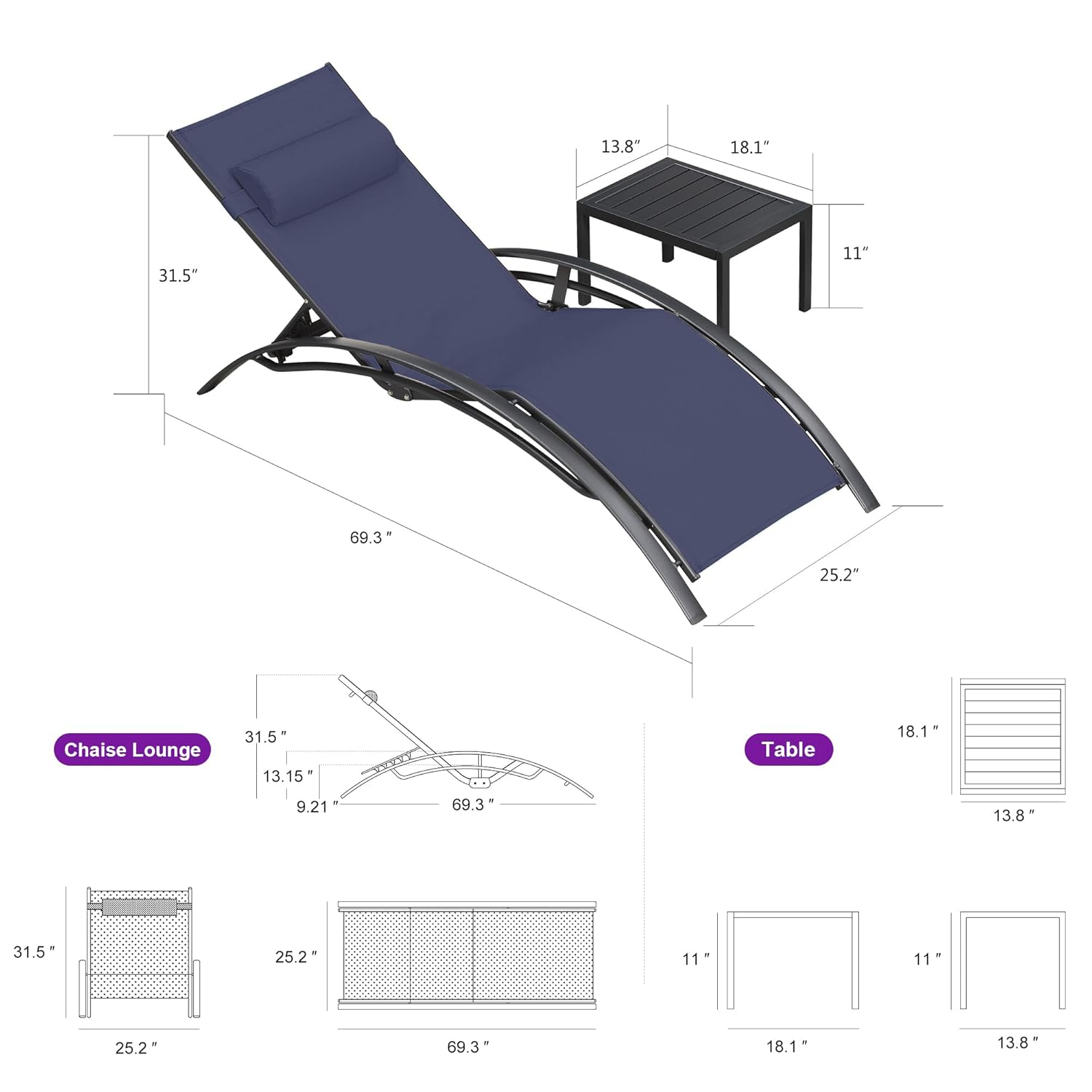 PURPLE LEAF Patio Chaise Lounge Set Outdoor Beach Pool Sunbathing Lawn Lounger Recliner Outside Tanning Chairs with Arm for All Weather Side Table Included Navy Blue