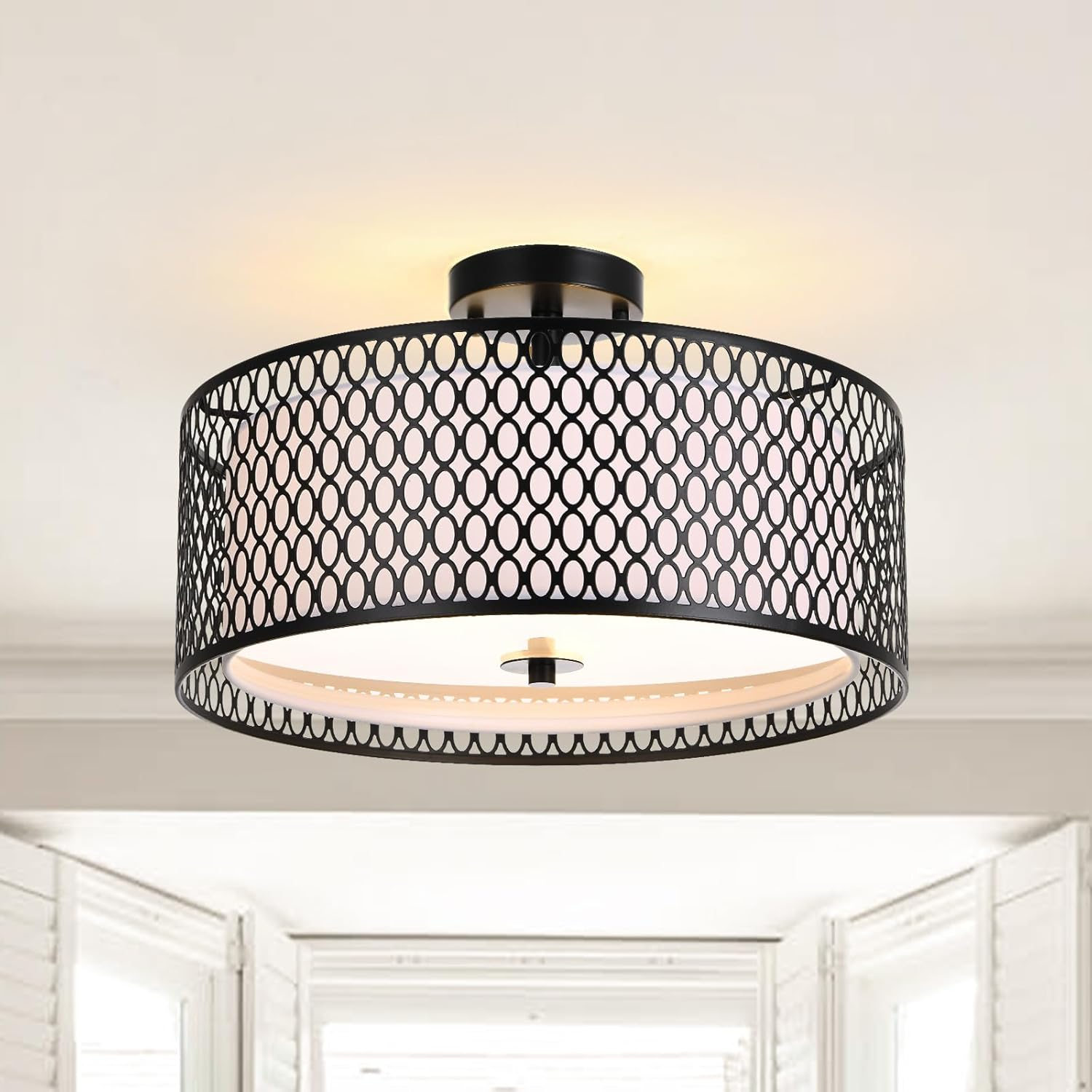 JONATHAN Y Ilsa 17" 3-Light Crystal/Metal Drum Semi-Flush Mount, Black by JONATHAN  Y