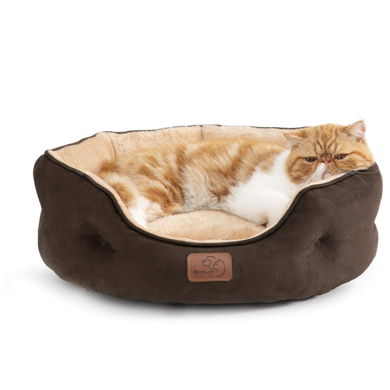 Bedsure Dog Beds for Small Dogs - Round Cat Beds for Indoor Cats, Washable Pet Bed for Puppy and Kitten with Slip-Resistant Bottom, 20 Inches, Brown