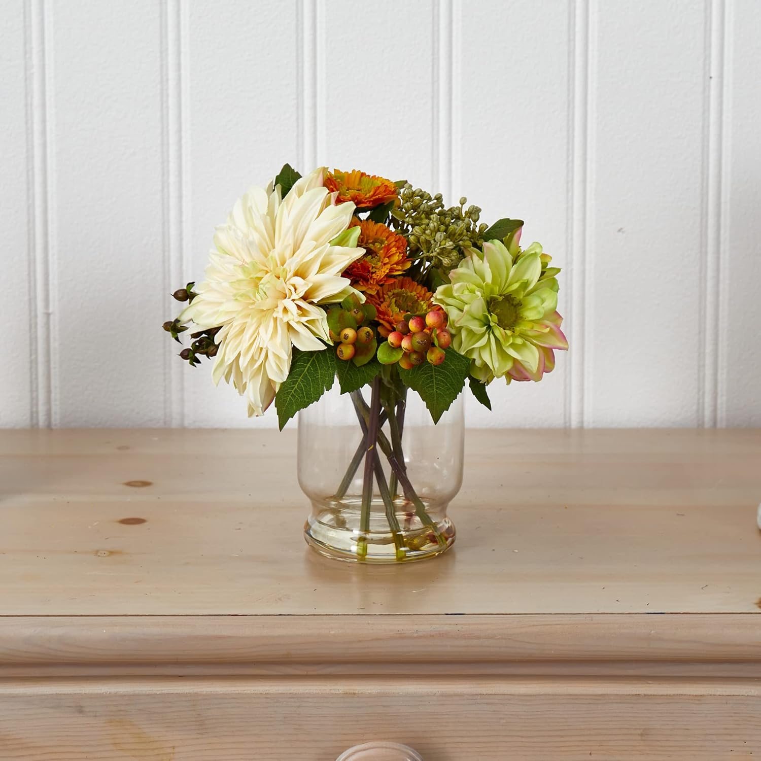 Nearly Natural Mixed Dahlia and Mum with Glass Vase