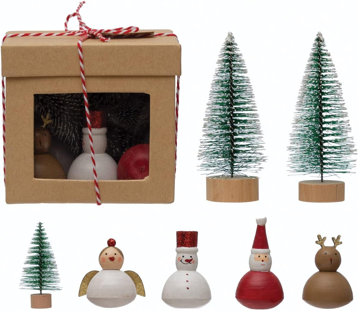 Creative Co-Op Christmas Garden Kit with Hand-Painted Wood Figures and Bottle Brush Trees, Multicolor
