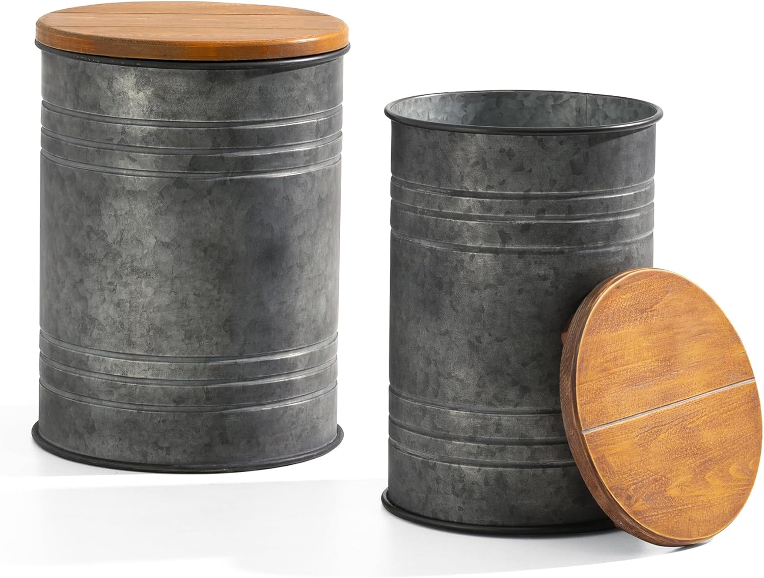 Rustic Dark Gray Metal Storage Stools with Wood Lids, Set of 2