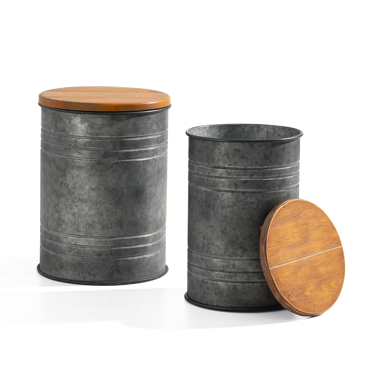 Rustic Dark Gray Metal Storage Stools with Wood Lids, Set of 2