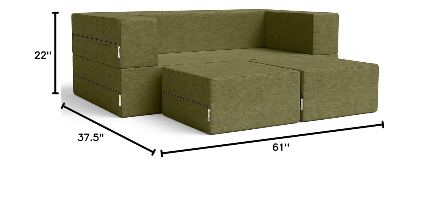 Jaxx Zipline Convertible Sleeper Loveseat & Ottomans/Queen-Size Bed, Moss