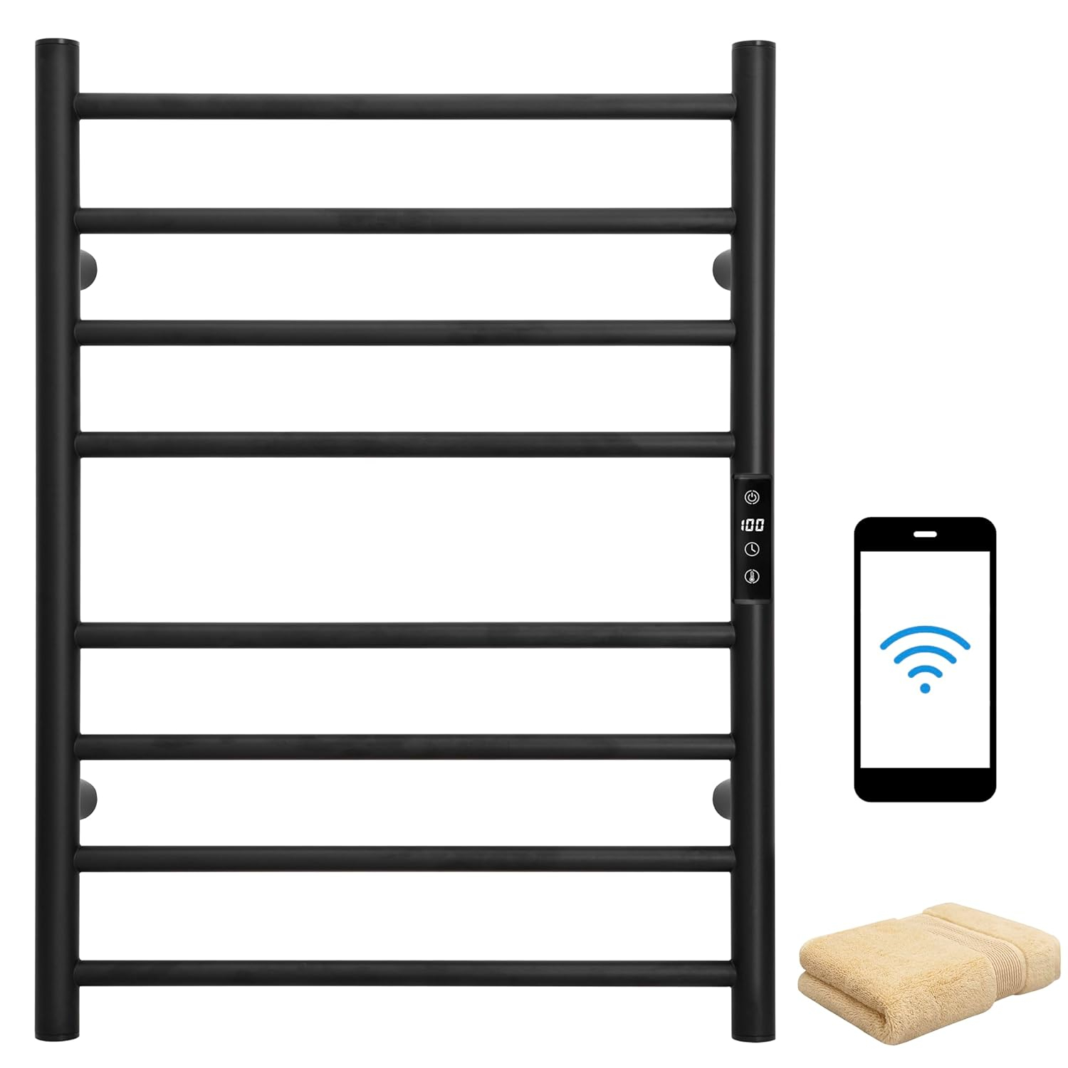 KEG Smart WiFi Towel Warmer Wall Mounted with Built-in Timer and Temperature Adjust Control, 8 Bars Electric Stainless Steel Heated Towel Racks for Bathroom Black