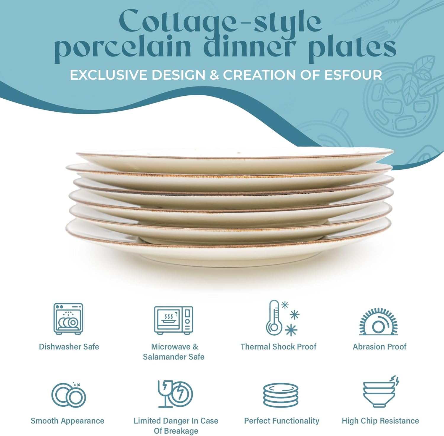 Glossy White and Brown Porcelain Dinner Plates Set of 6