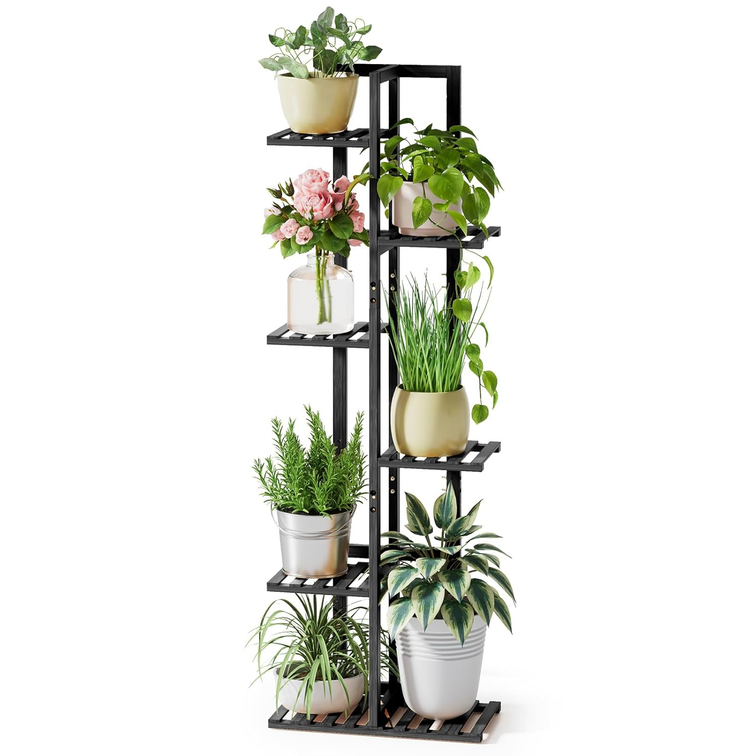 ROSSNY 48 Inch Tall Plant Stand Indoor, 6 Tier 7 Potted Bamboo Plant Stands for Indoor Plants, Corner Plant Stand, Tiered Plant Stands, Plant Shelf For Indoor, Planter Holder for Multiple Plants Indoor, Black