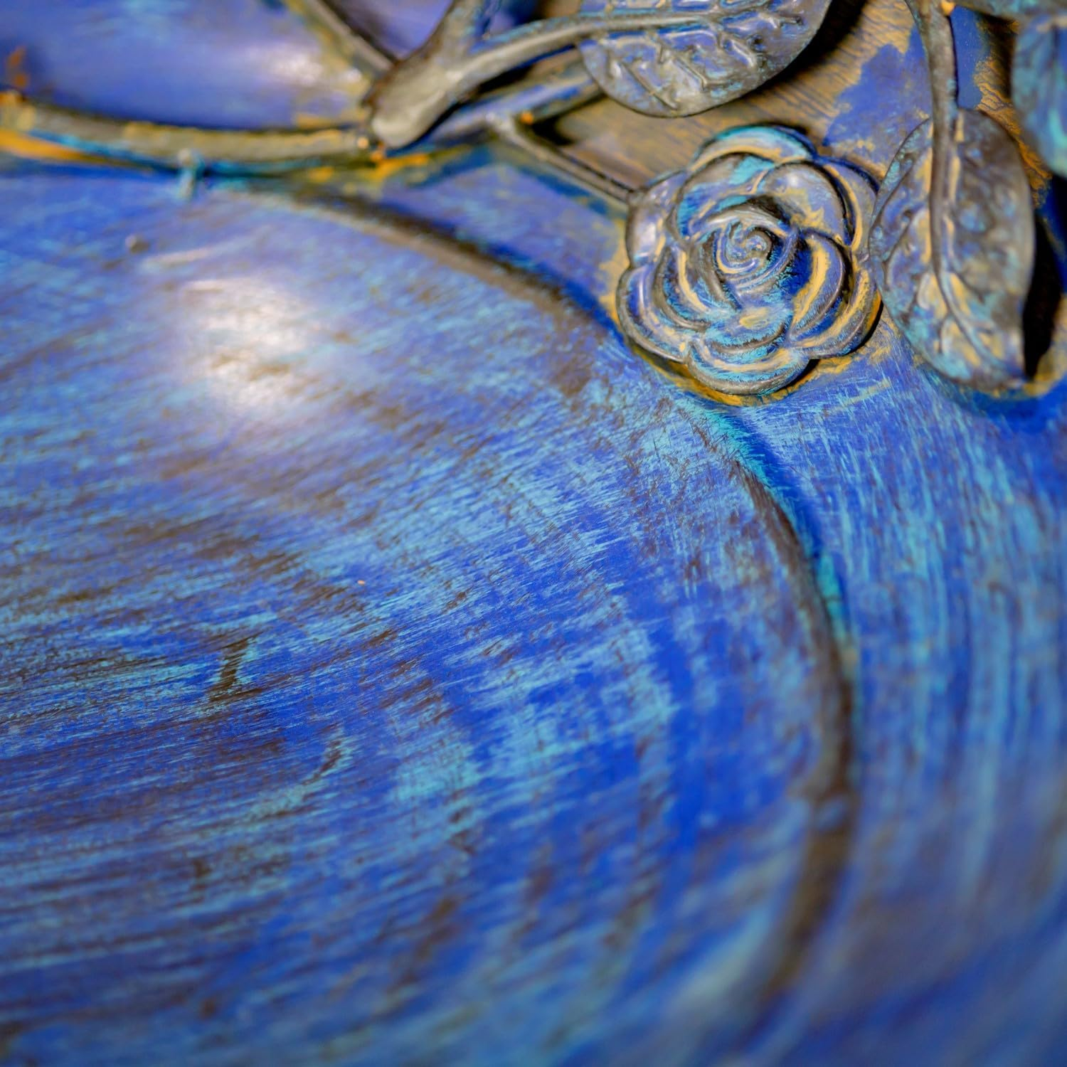 Zaer Ltd. Antique Blue Deep Round Metal Birdbath with Rose and Bird Accents