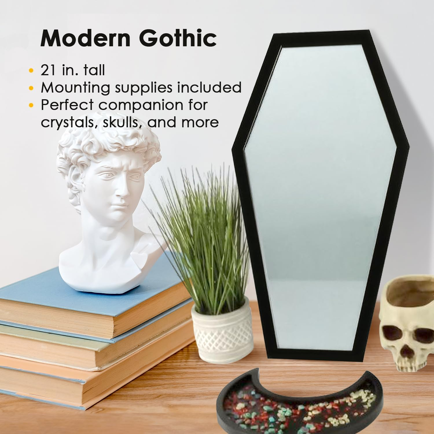 Coffin Mirror – 21 in., Decorative Mirror for Wall Decor, Living Room, Bedroom, Gifting, & More – Hang & Pair with a Coffin Shelf, & Witch Decor