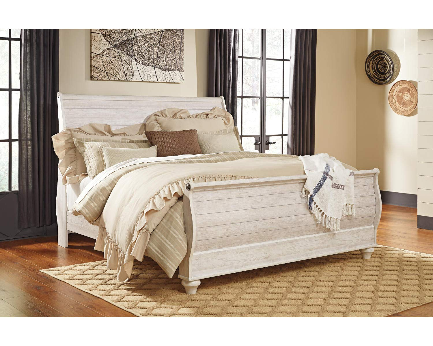 Transitional King Sleigh Bed in Two-Tone Beige Wood