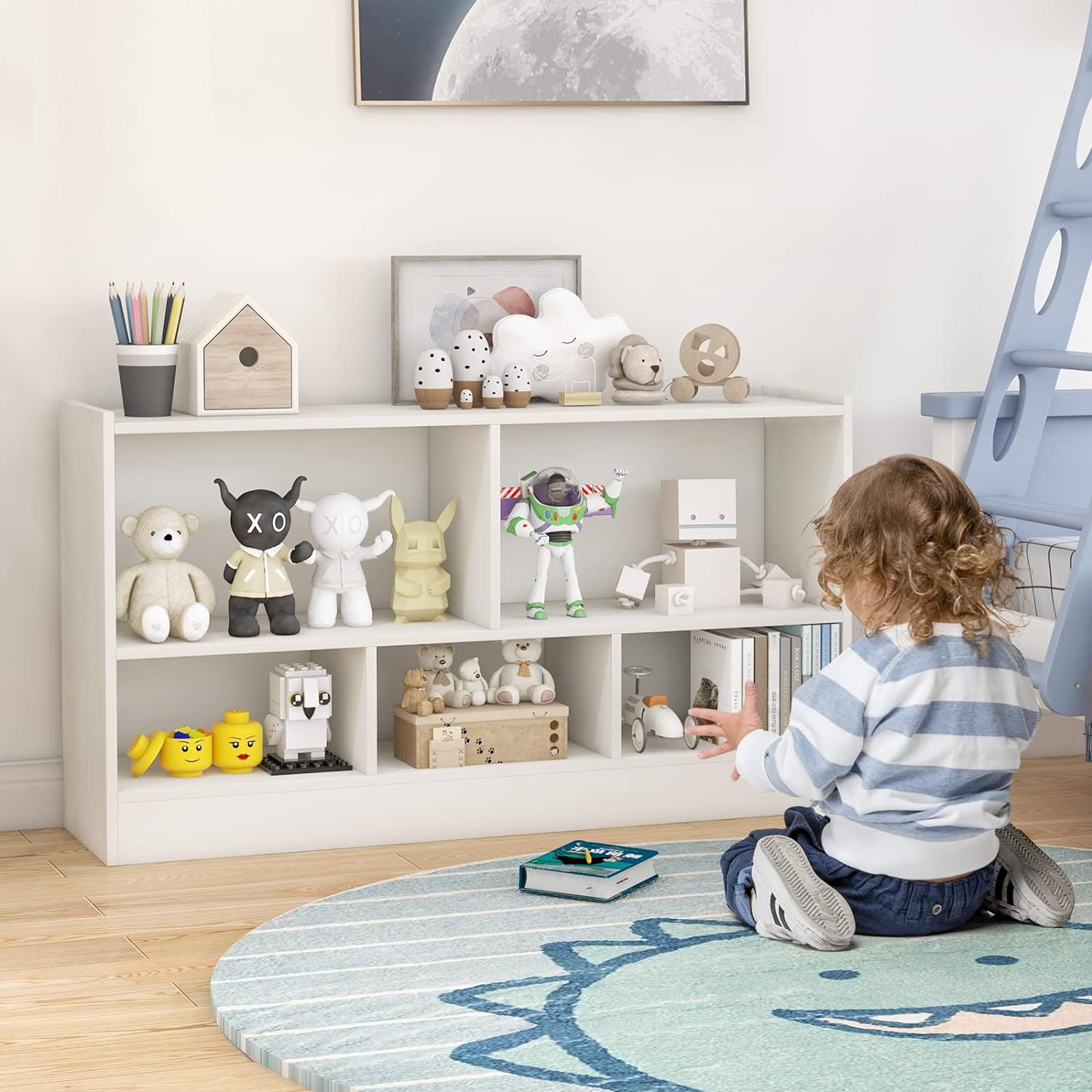 Killeryuki HOMGX Wooden Montessori Shelf for Kids, 5-Section Storage Cabinet, 2-Tier Open Kids Bookshelf, Toy Storage Organizer for Playroom, Classroom, White