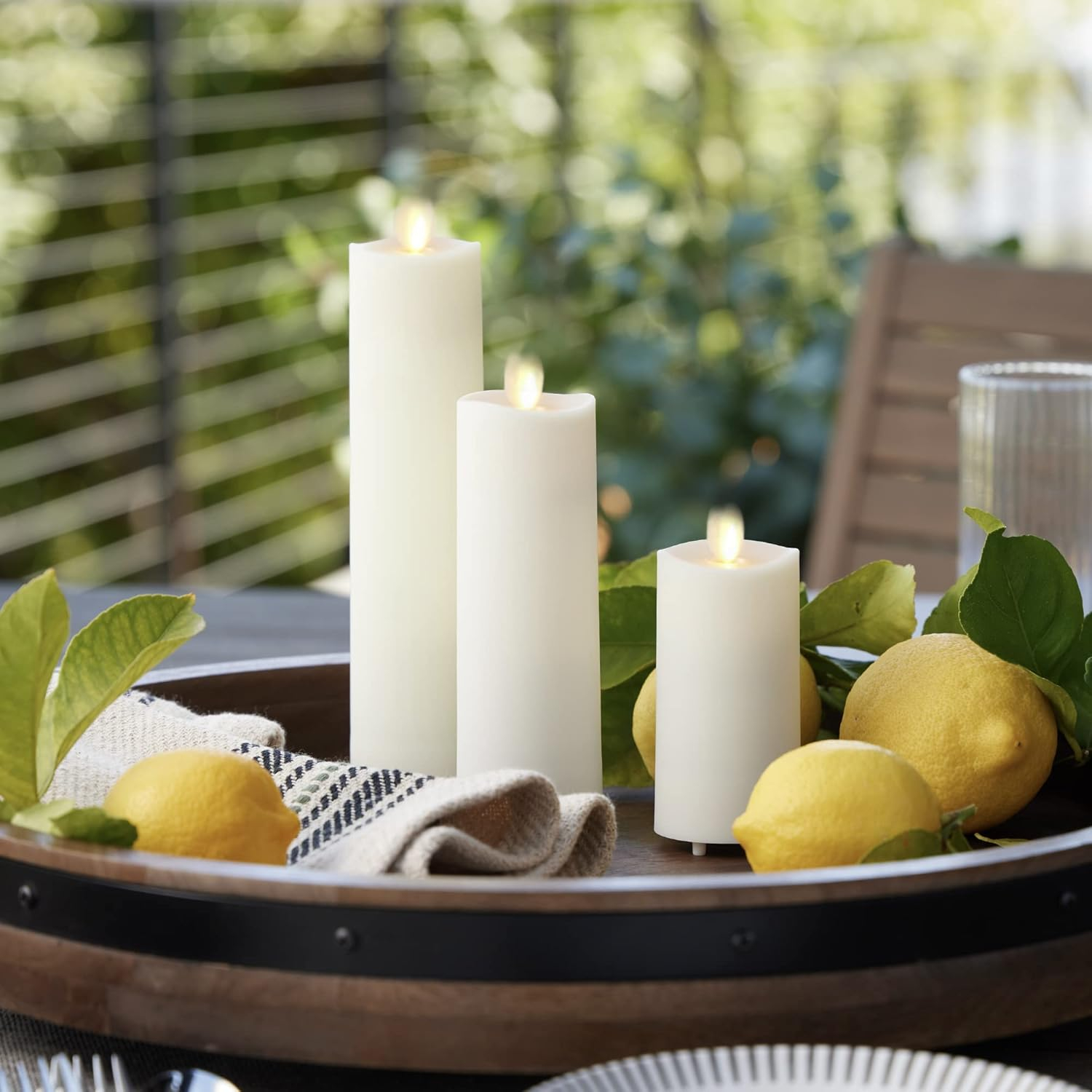 Luminara Outdoor Slim Pillar Flameless LED Candle, Set of 3 Ivory, Moving Flame Weather Resistant Remote Timer Ready Battery Operated Safe Melted Edge