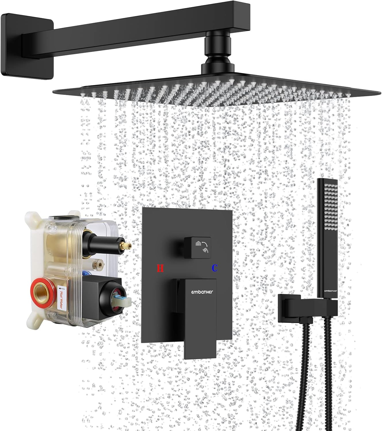 EMBATHER Black Shower System 12 Inches Shower Faucet Set with Square Rain Shower Head and Handheld For Bathroom, Matte Black Shower Combo Set Wall Mounted (Rough-in Valve & Trim Included)