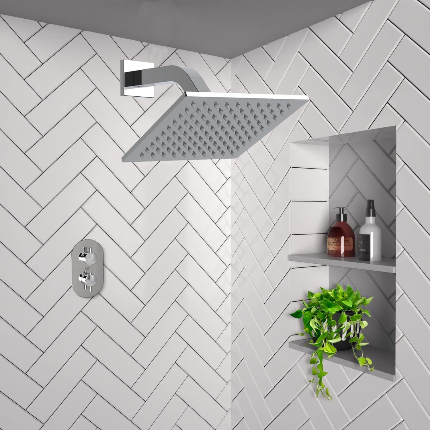 Aquaiaw Square Shower Arm and Anti-Scratch O-Ring Flange, 8 inch, Heavy-Duty Solid Brass, Both Soldered 1/2-14 NPT Tapered Threads, Wall Mount Shower Head Extension Arm (Polished Chrome)