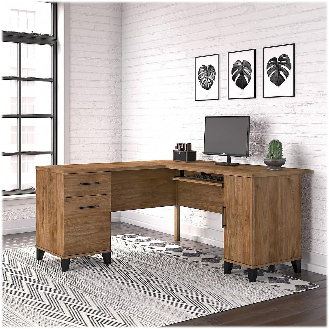 Bush Furniture Somerset 60 in L Desk with Keyboard Tray, File Drawer, Box Drawer and Storage Cabinet in Fresh Walnut (Ships in 2 Boxes)