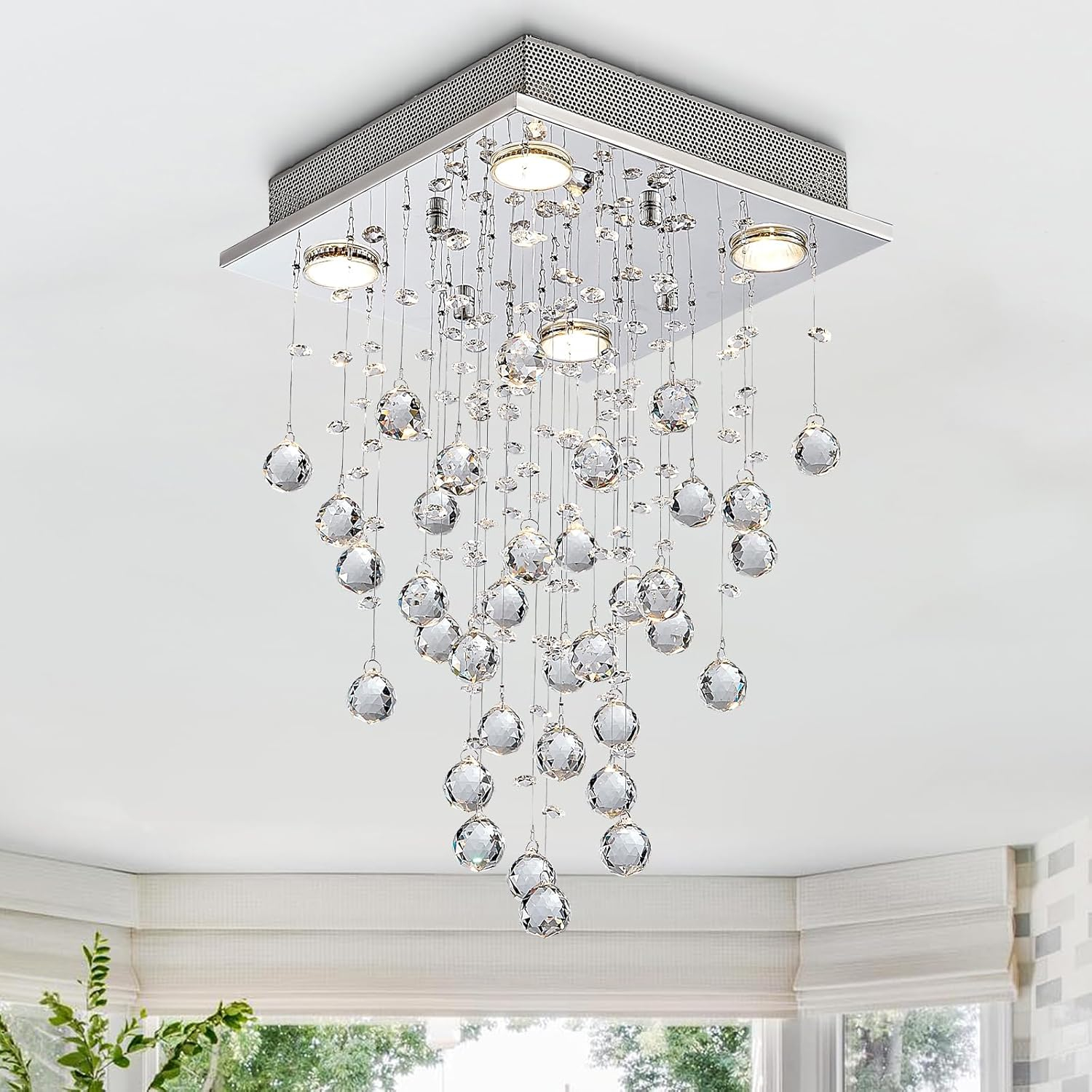 Bestier Chrome Modern Crystal Square Raindrop Chandelier Lighting Flush Mount LED Ceiling Light Fixture Pendant Lamp for Dining Room Bathroom Bedroom Livingroom 4 GU10 Bulbs Required 12" Wide 20" High