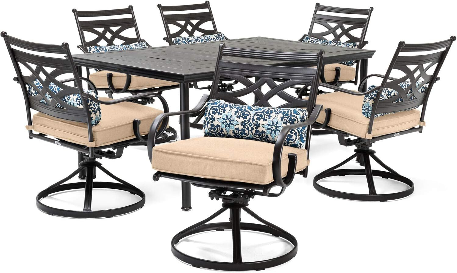 Hanover Montclair 7-Piece Steel Dining Set with 6 Swivel Rockers and Dining Table, Seats 6