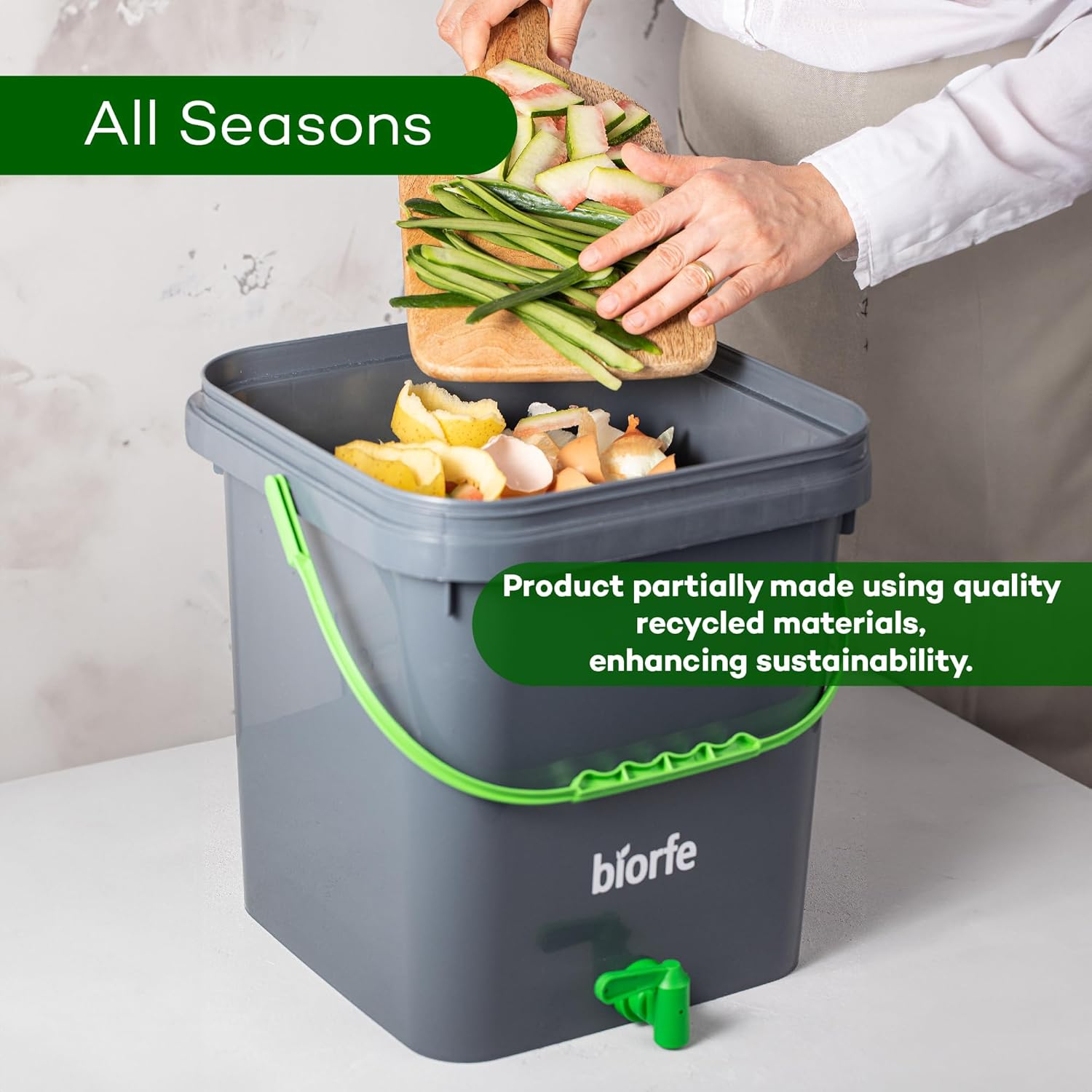 Biorfe Indoor Bokashi Compost Bin, 5.3 Gallons Anthracite Composter Set with 2.2 lbs Bokashi Bran