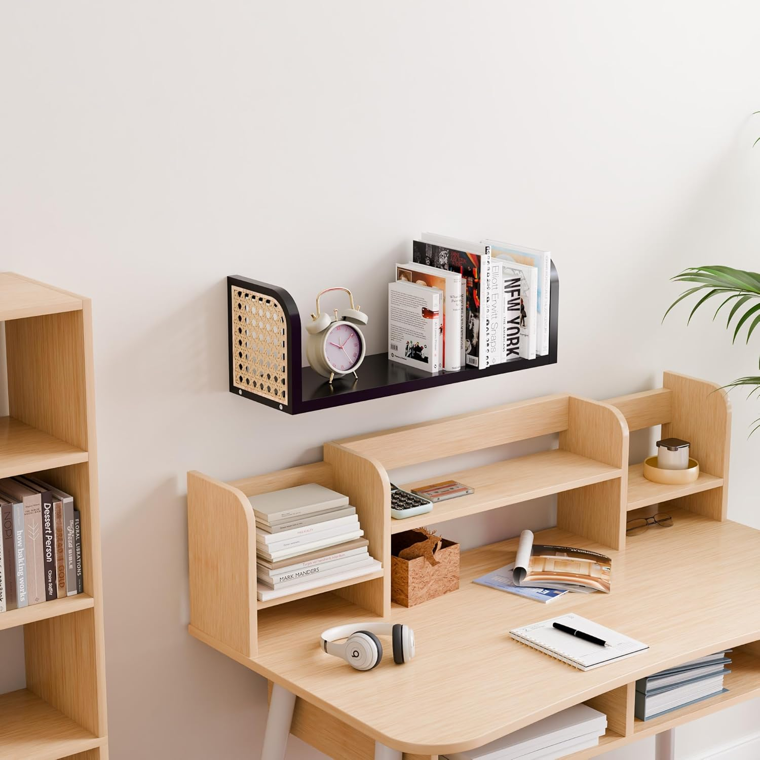 Black Rattan Wall Shelf, Hanging Book Shelves for Wall, Decorative Shelves for Natural Nursery Decor, Picture Ledge Shelves, Wall Mail Organizer, Floating Rattan Shelf for Office, Bedroom,Bathroom