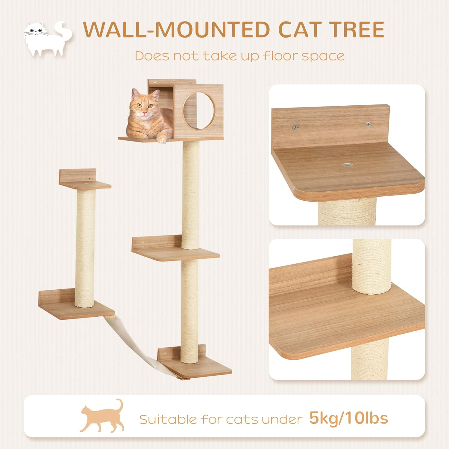 PawHut Wall-Mounted Multi-Level Cat Tree Activity Tower w/ Sisal Scratch Posts