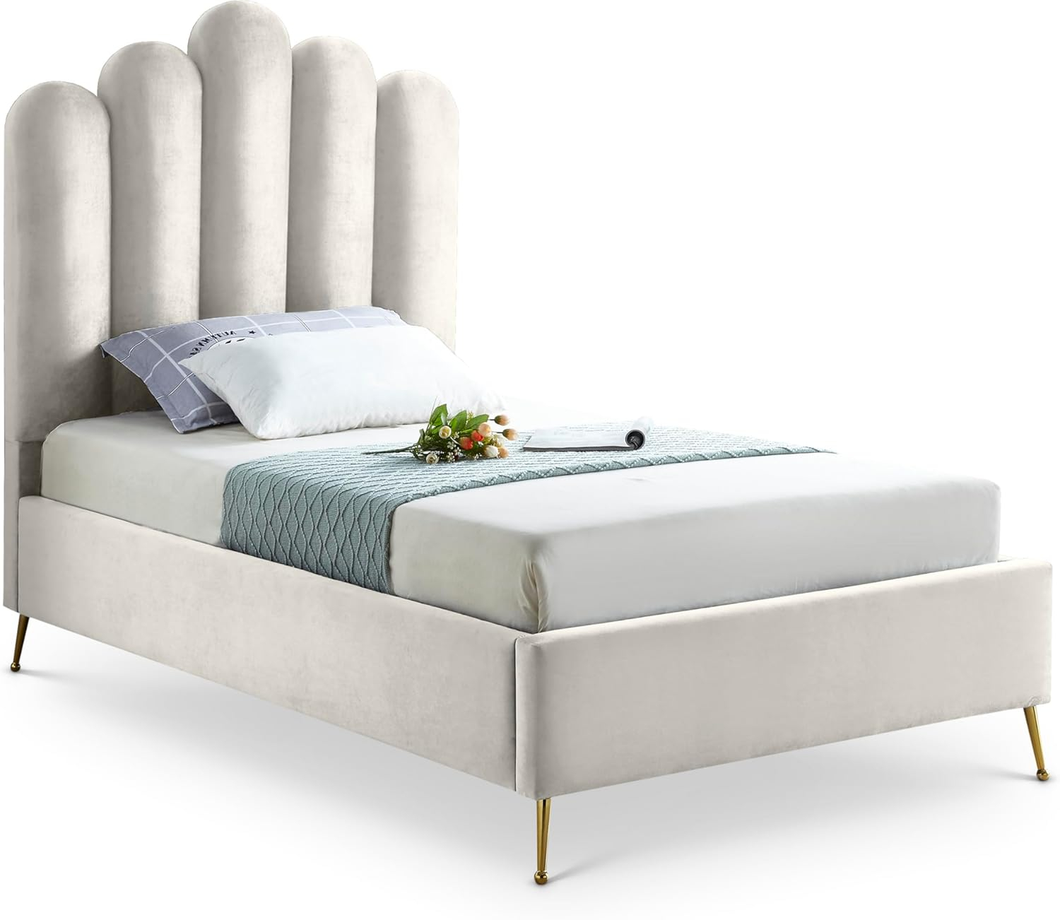 Meridian Furniture Lily Solid Wood and Tufted Velvet Twin Bed in Cream