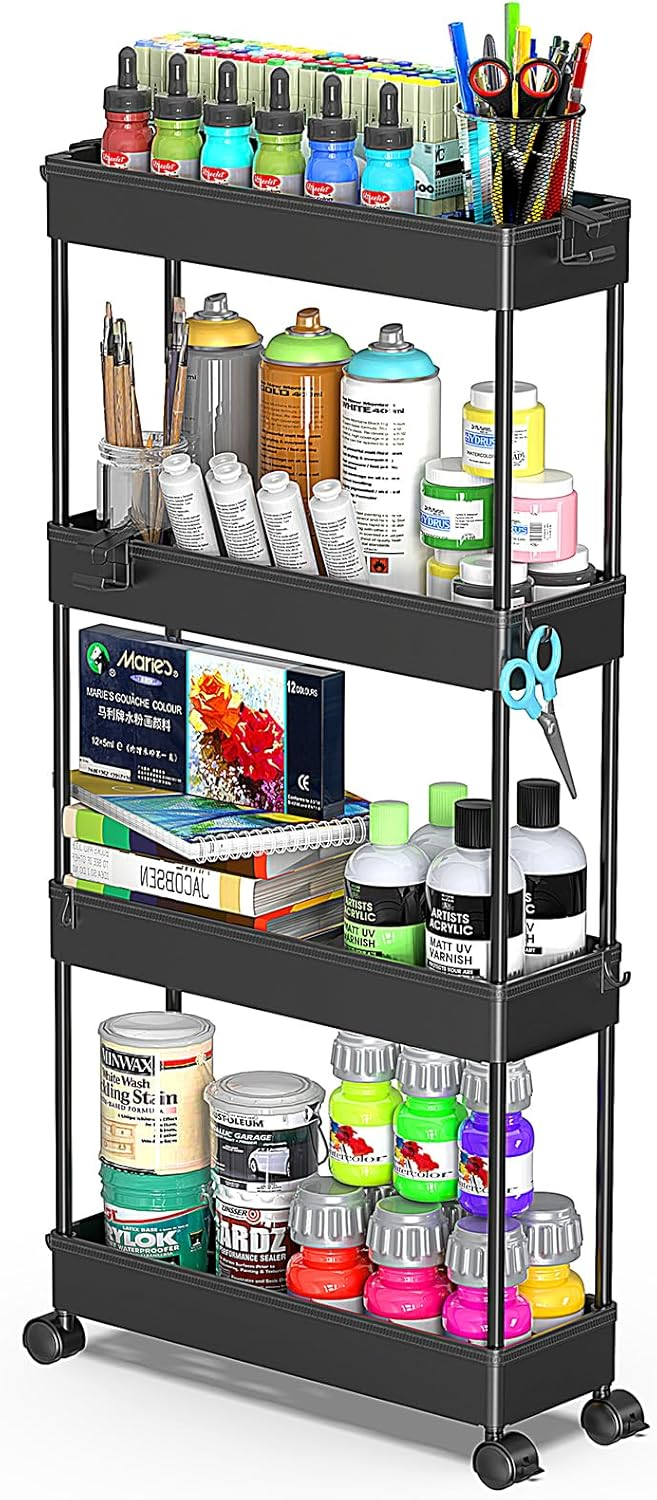 Black 4-Tier Rolling Storage Cart with Adjustable Shelves