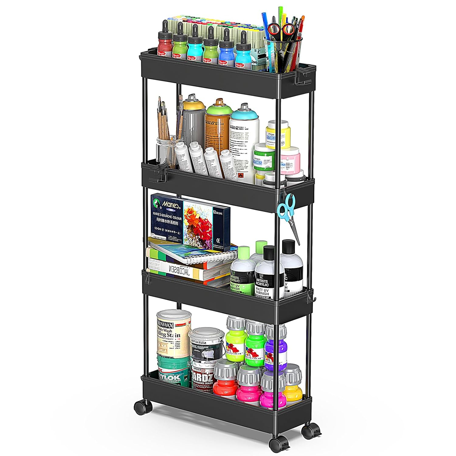 Black 4-Tier Rolling Storage Cart with Adjustable Shelves